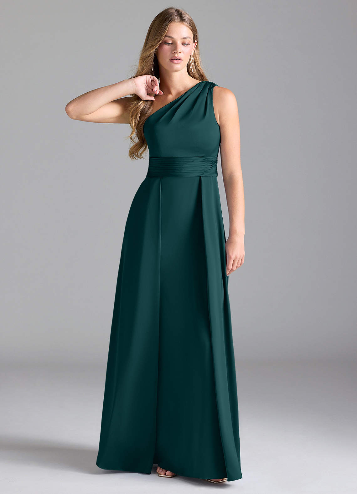 Azazie Dallas Bridesmaid Dresses Pine A-Line One Shoulder Stretch Satin Dress image1