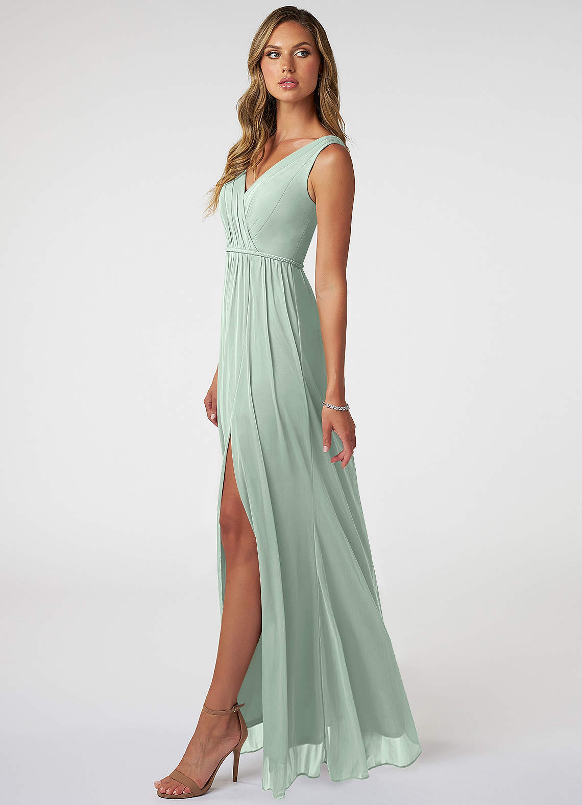 Azazie Tanicia Bridesmaid Dresses Agave A-Line V-Neck Pleated Mesh Dress image2