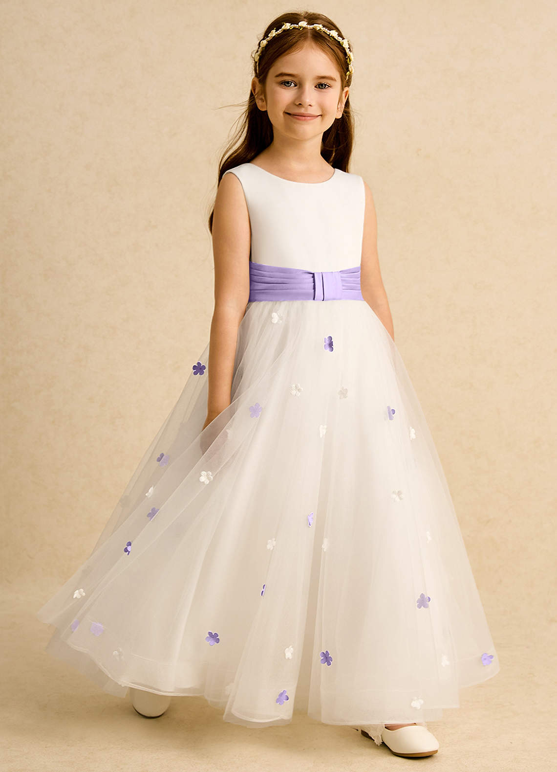 Azazie Cricket Flower Girl Dresses Ivory Lilac Ball-Gown Pleated Matte Satin Dress image6