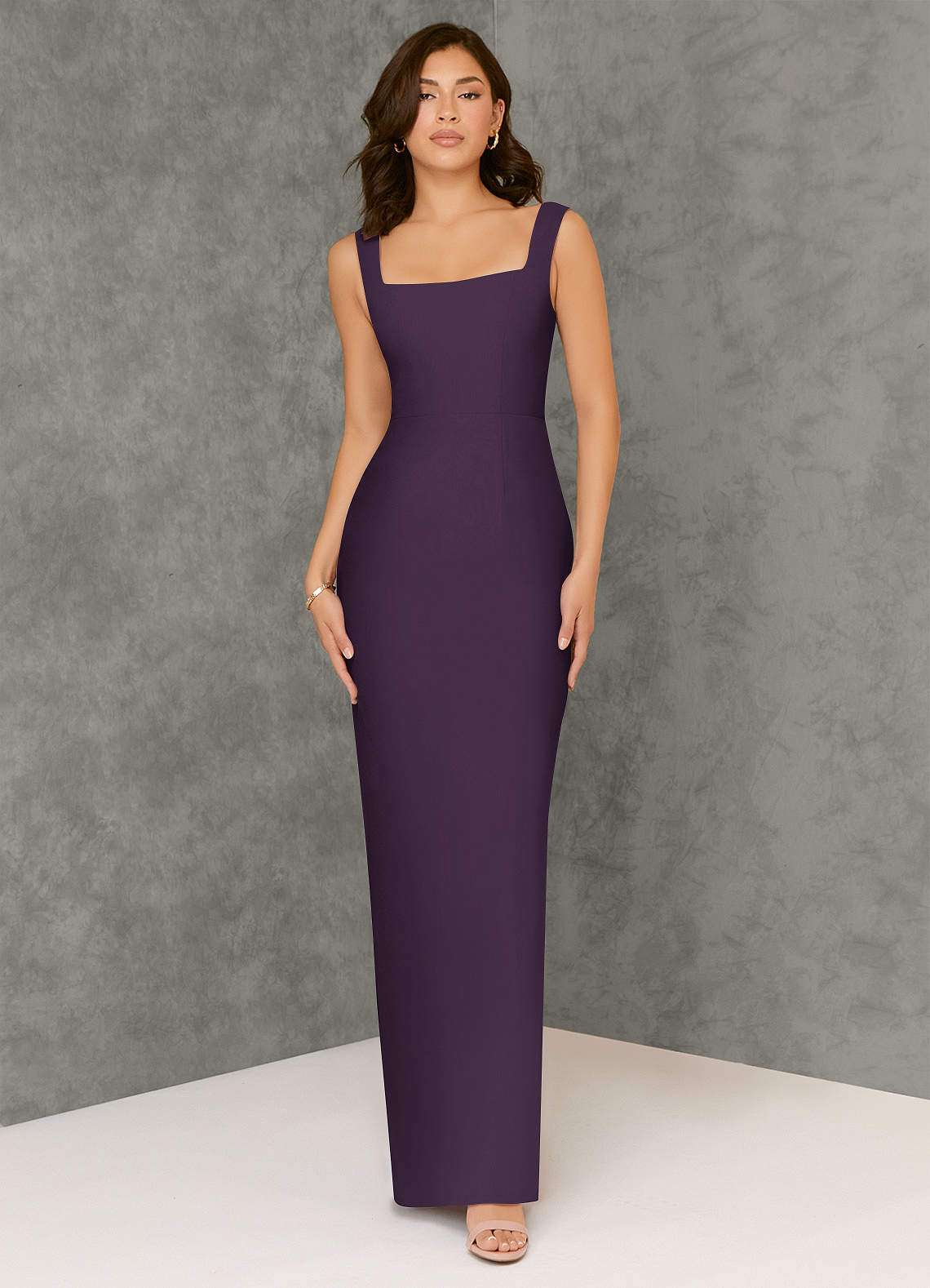 Azazie Flori Bridesmaid Dresses Plum Sheath Square Neckline Chiffon Dress image1