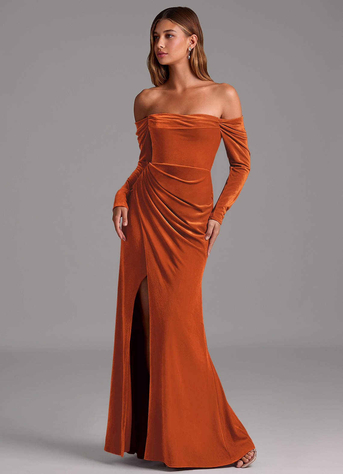 Azazie Hallie Bridesmaid Dresses Burnt Orange Mermaid Long Sleeve Velvet Convertible Dress image1