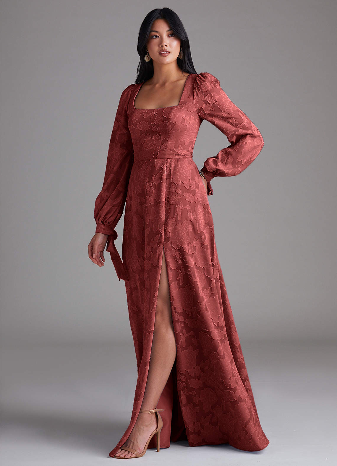 Azazie Leonia At-home Try On Dresses Terracotta A-Line Long Sleeve Floral Burnout Dress image1