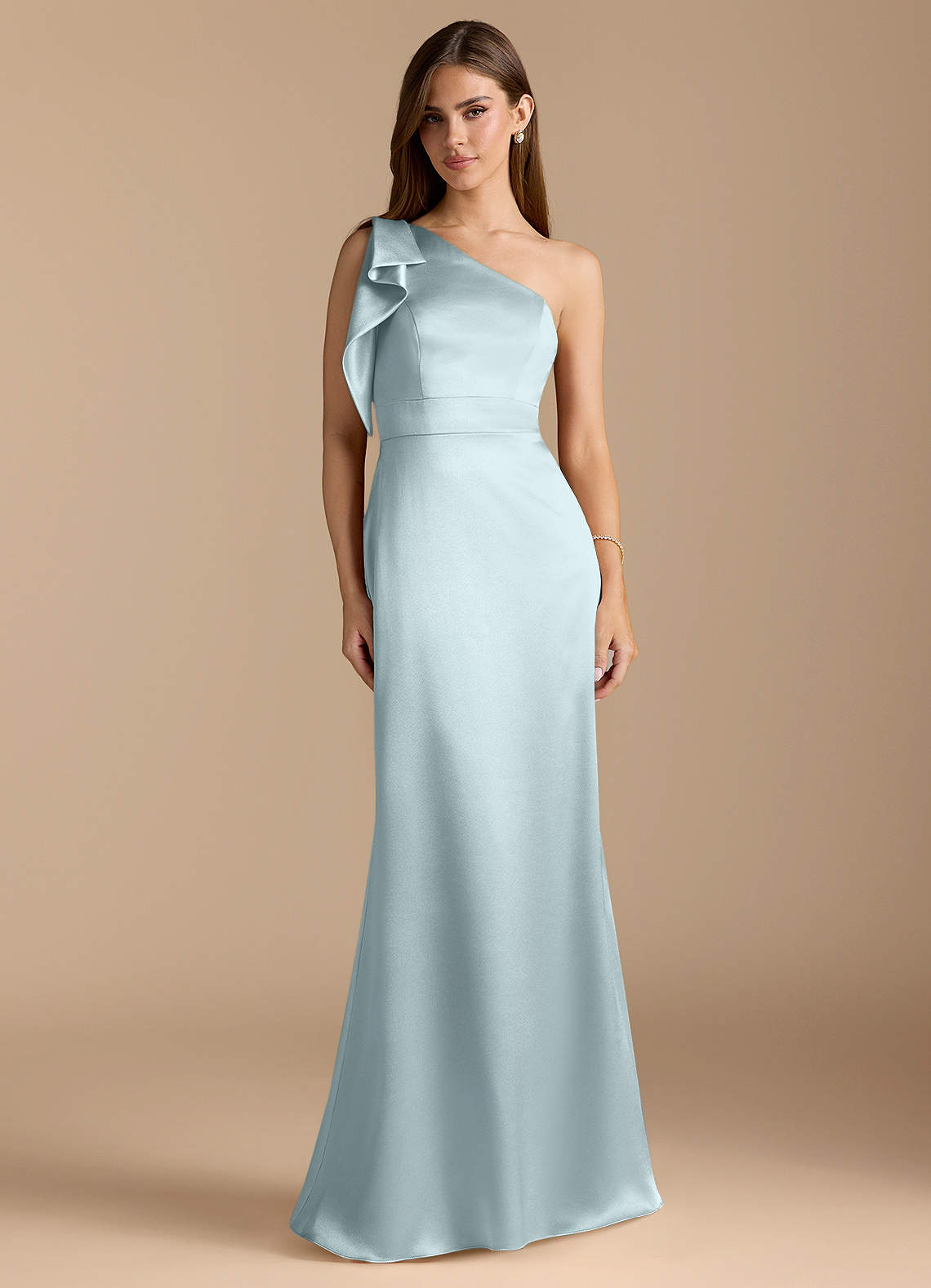 Azazie Rinna Bridesmaid Dresses Mist Mermaid Ruched Metallic Satin Dress image1