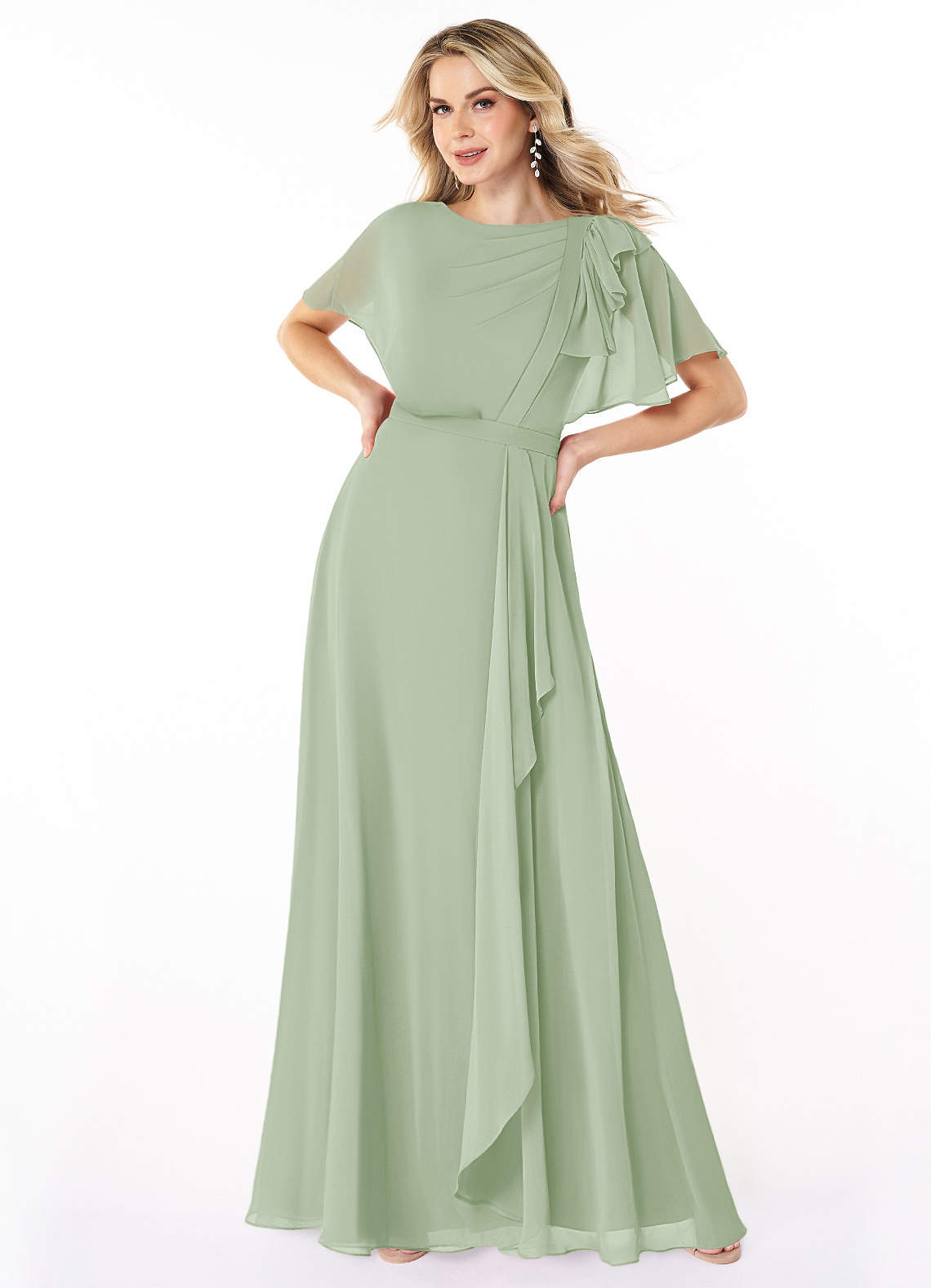 Azazie Aaliyah Modest Bridesmaid Dresses A-Line Scoop Pleated Chiffon Floor-Length Dress image1