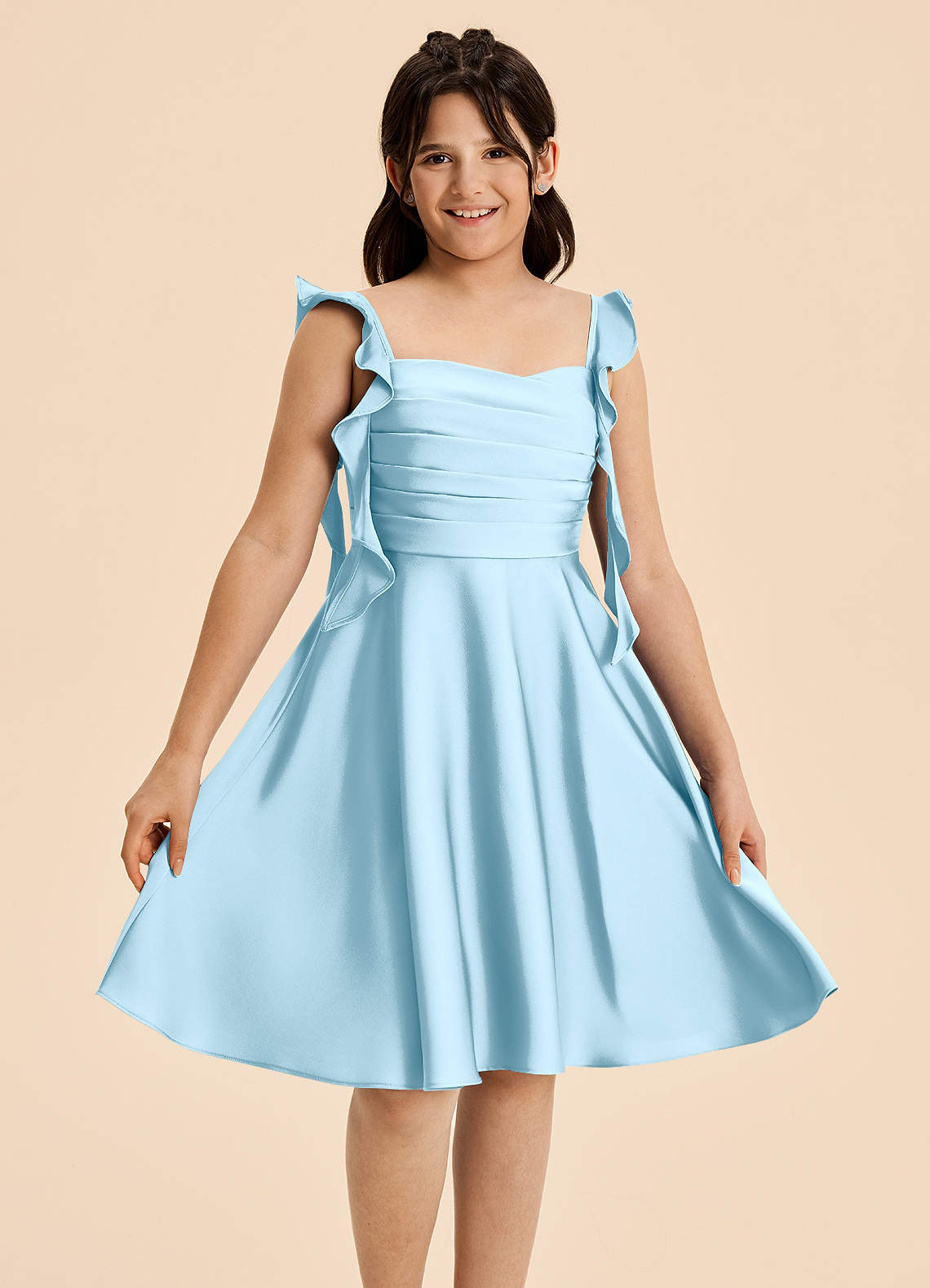 Azazie Kira Junior Klänning av A-Line i Stretch Satin Rynkad image2