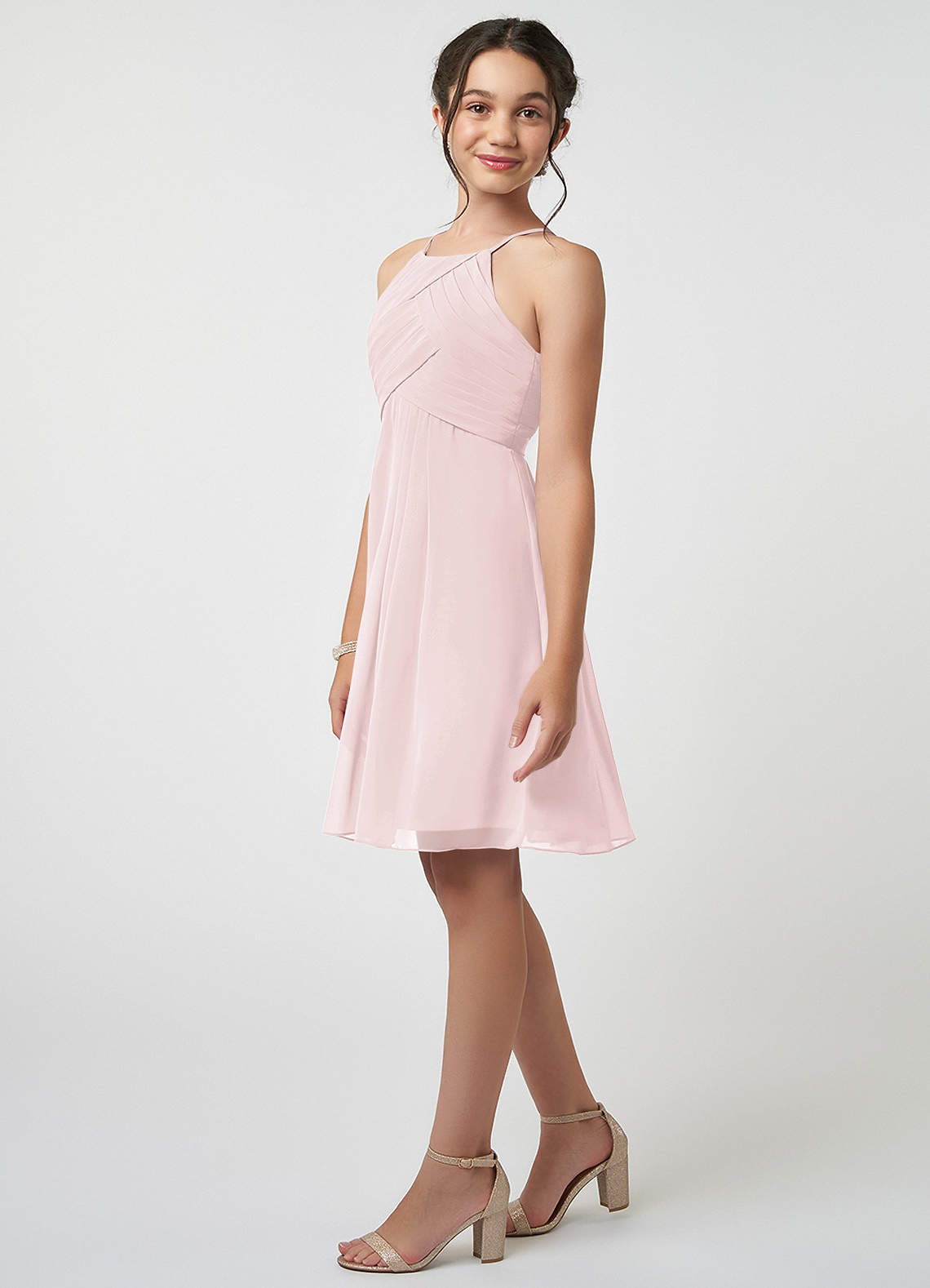 Azazie Ginny Junior Blushing Pink A-Line Pleated Chiffon Dress image2