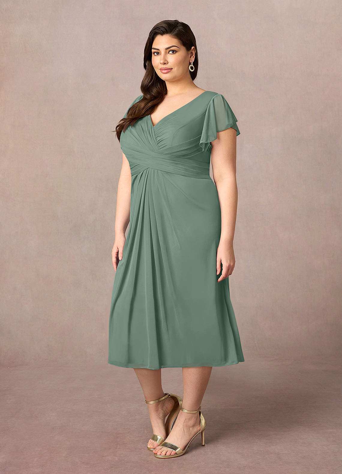 Azazie Vera Mother of the Bride Dresses Eucalyptus A-Line V-Neck Pleated Mesh Dress image6