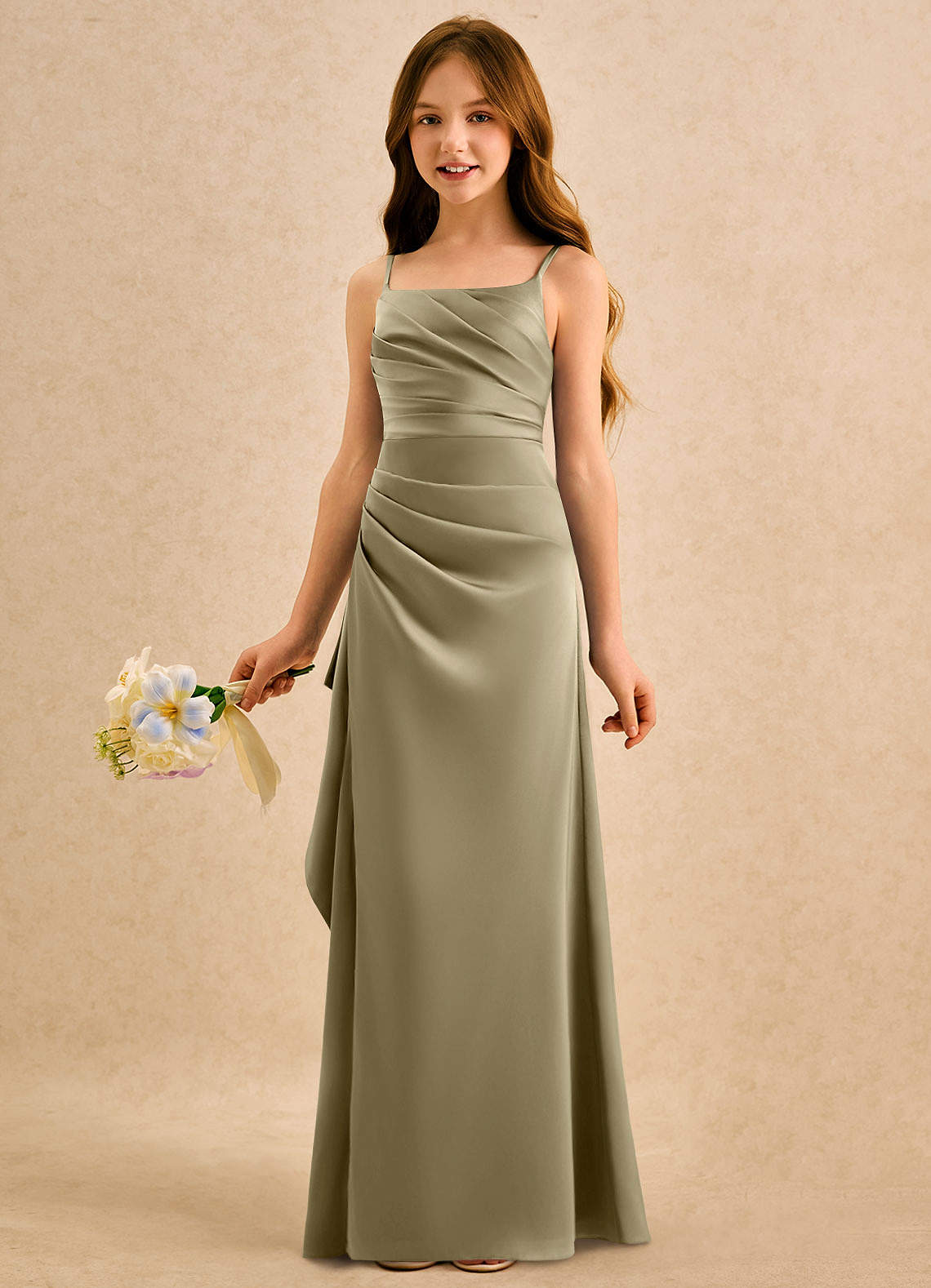 Azazie Cannoli Girls Formal Flower Girl Klänningar Klä A-Line i Stretch Satin Plisserad image3