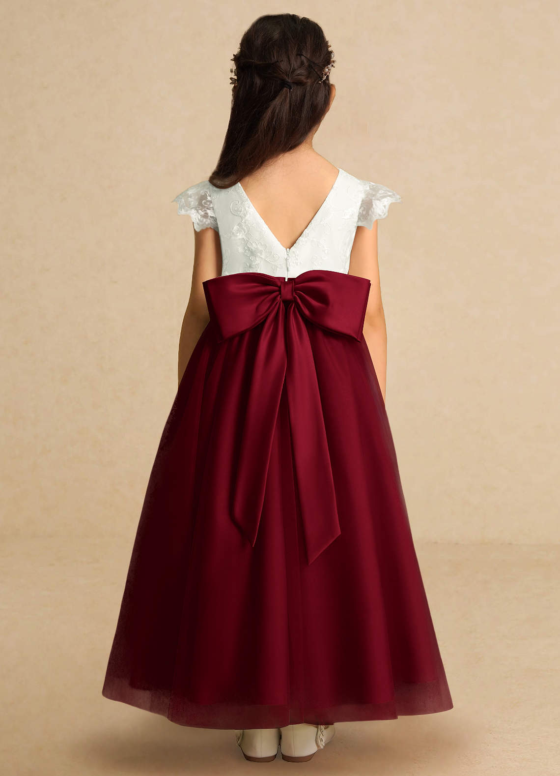Azazie Pookie Flower Girl Dresses Burgundy A-Line Lace Tulle Dress image4
