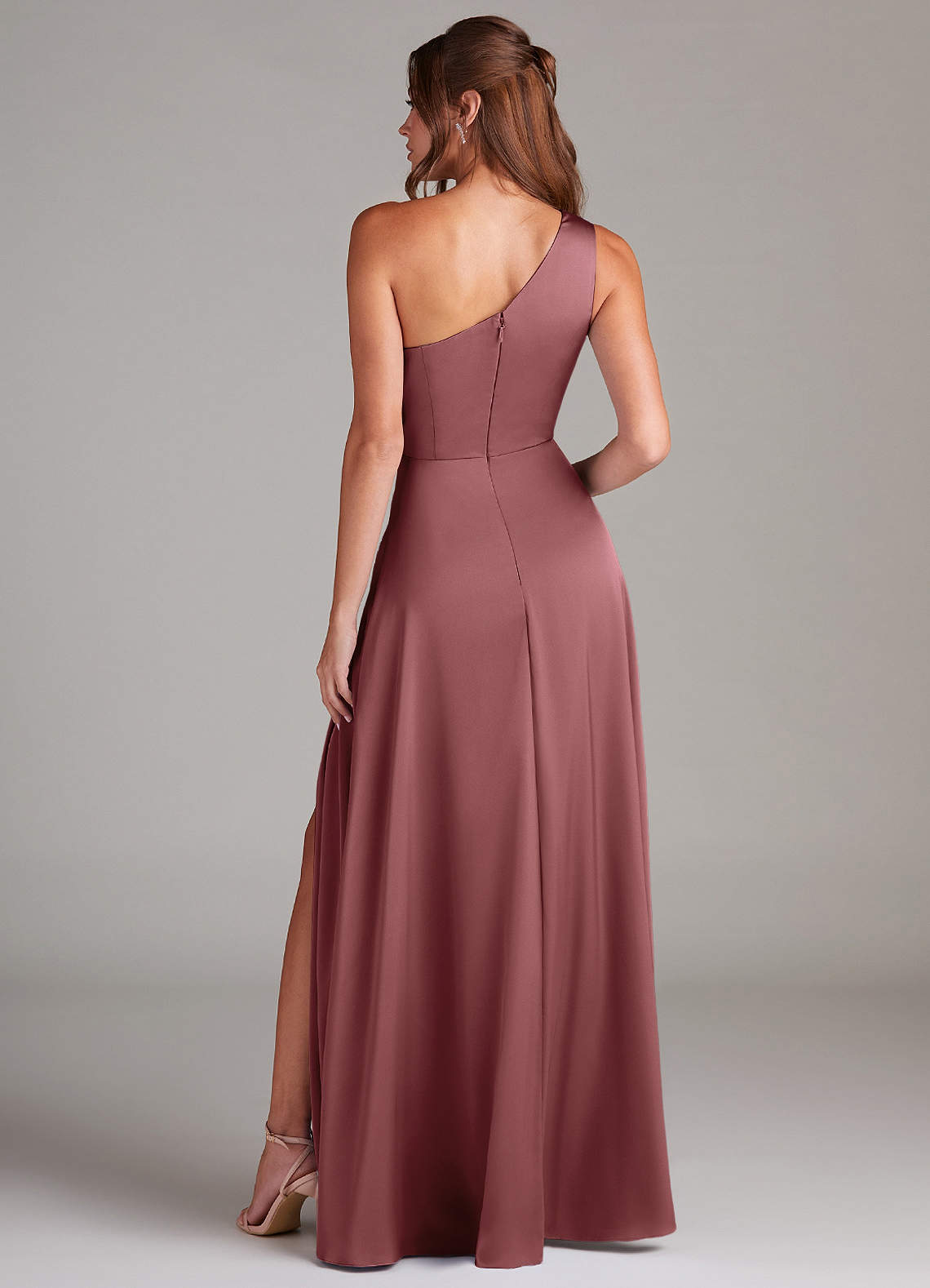Azazie Brooke Bridesmaid Dresses Amethyst A-Line One Shoulder Stretch Satin Dress image6