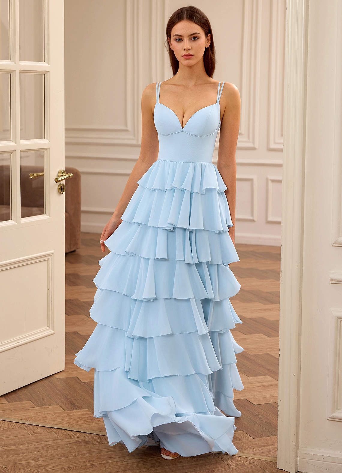 Celeste Sky Blue Ruffled A-line Prom Dress Prom and Homecoming Dresses |  Azazie DE