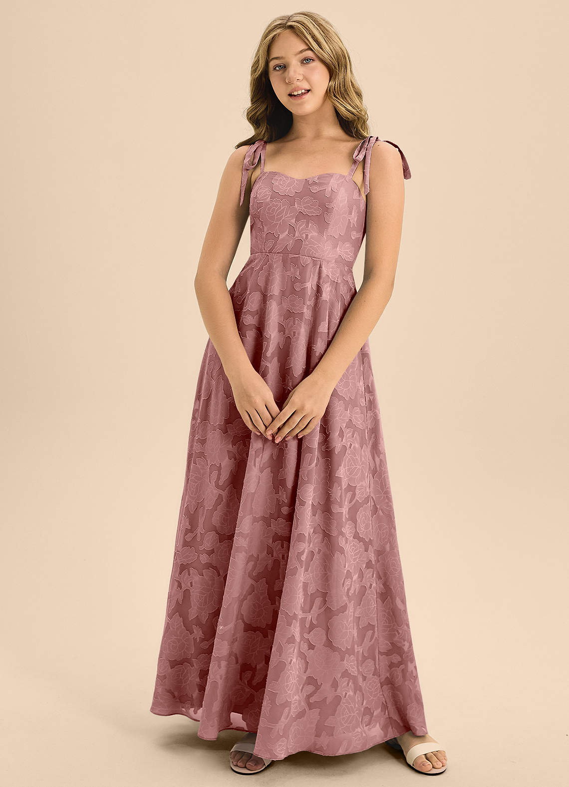 Azazie Rosey Junior Dusty Rose A-Line Sweetheart Neckline Floral Burnout Dress image1