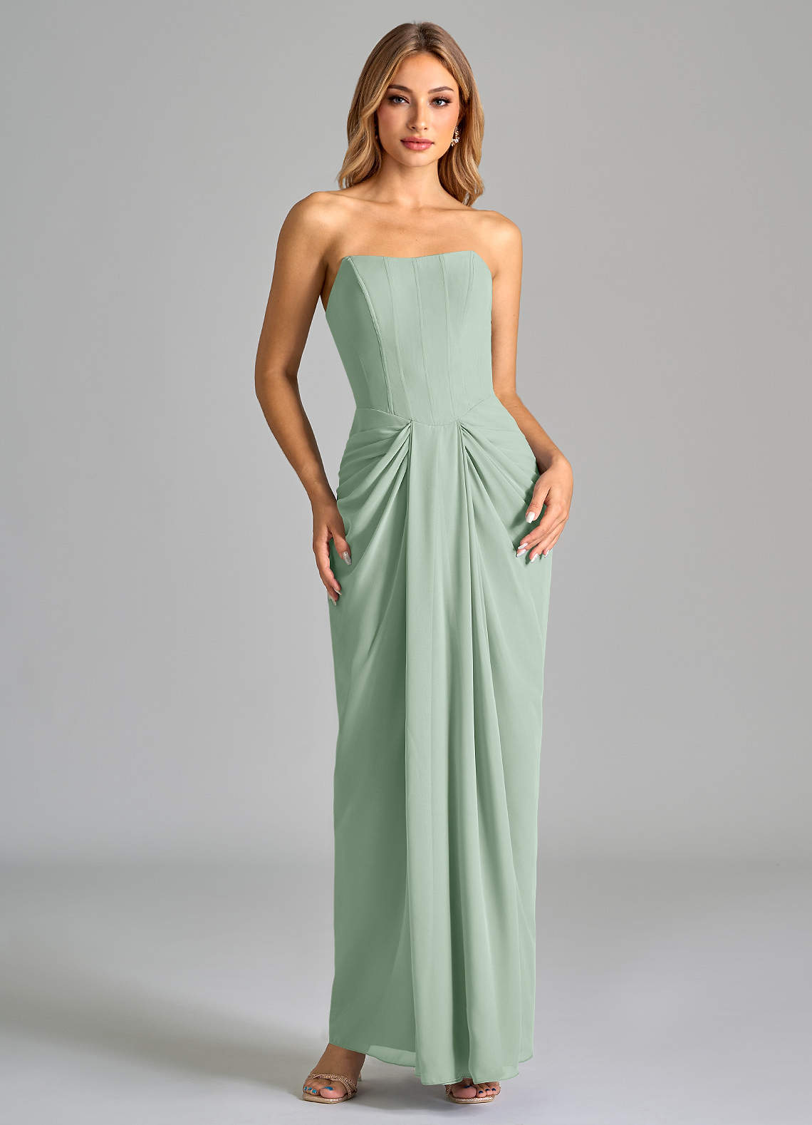 Azazie Anaïs Bridesmaid Dresses Agave Sheath Strapless Chiffon Dress image1