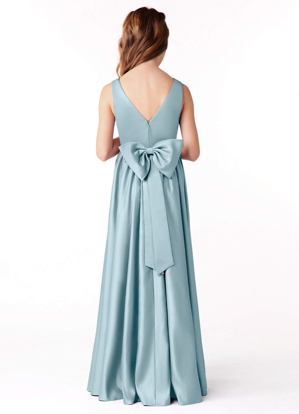 Azazie Hathaway Junior Moody Blue A-Line Bow Stretch Satin Dress image1