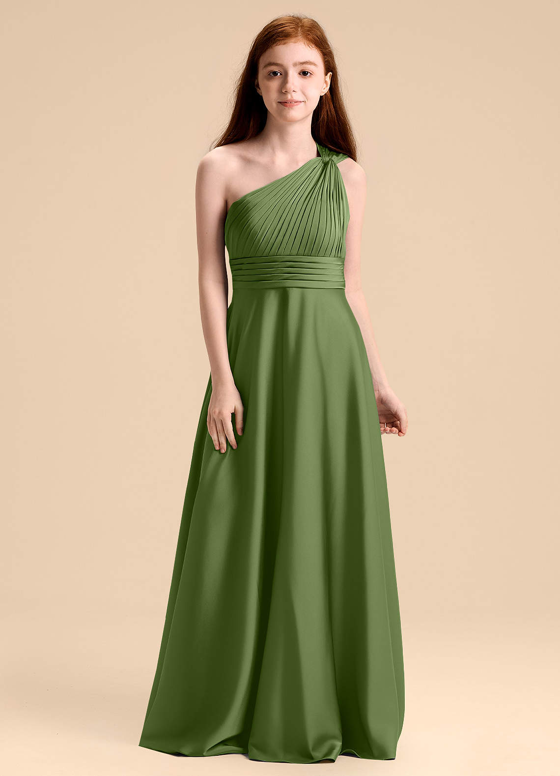 Azazie Charlize Junior Juniper A-Line Pleated Stretch Satin Dress image1