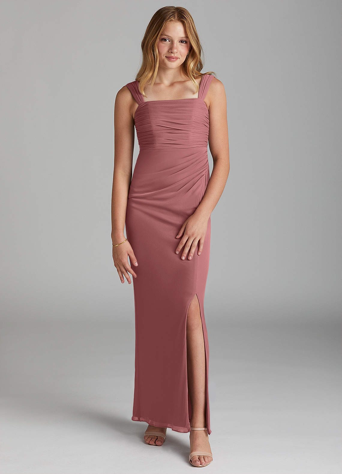 Azazie Jesaphine Junior Vestido de Rosa Del Desierto de Malla de Recto con Plisado image1