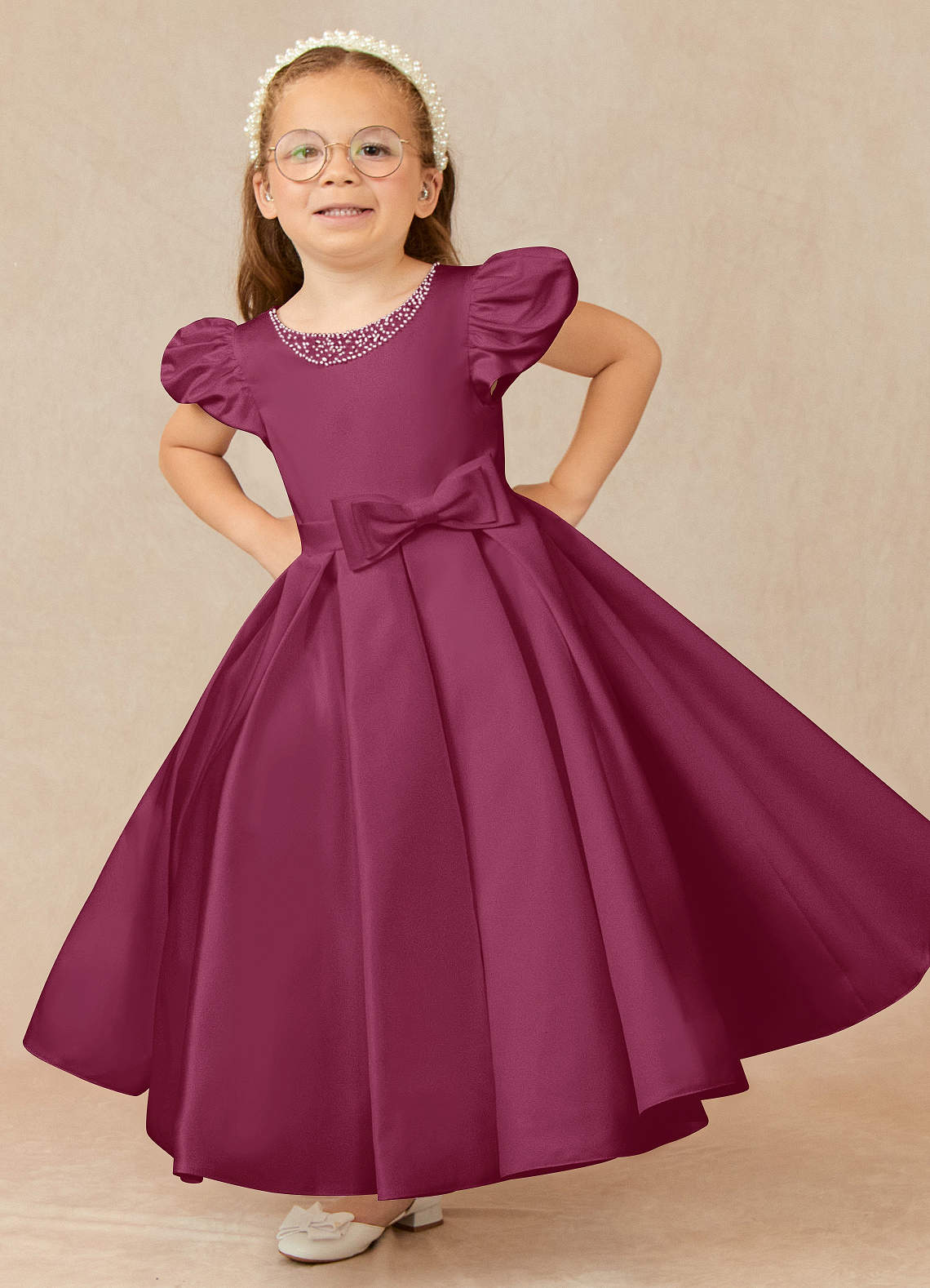 Azazie Jewel Flower Girl Dresses Mulberry Ball-Gown Pleated Matte Satin Dress image1