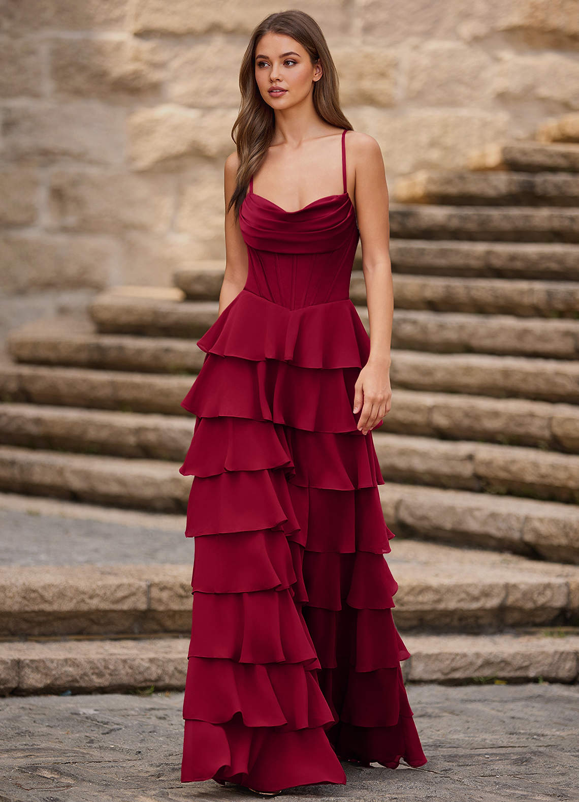 Rhythm Dark Red Ruffled A-line Prom Dress image1