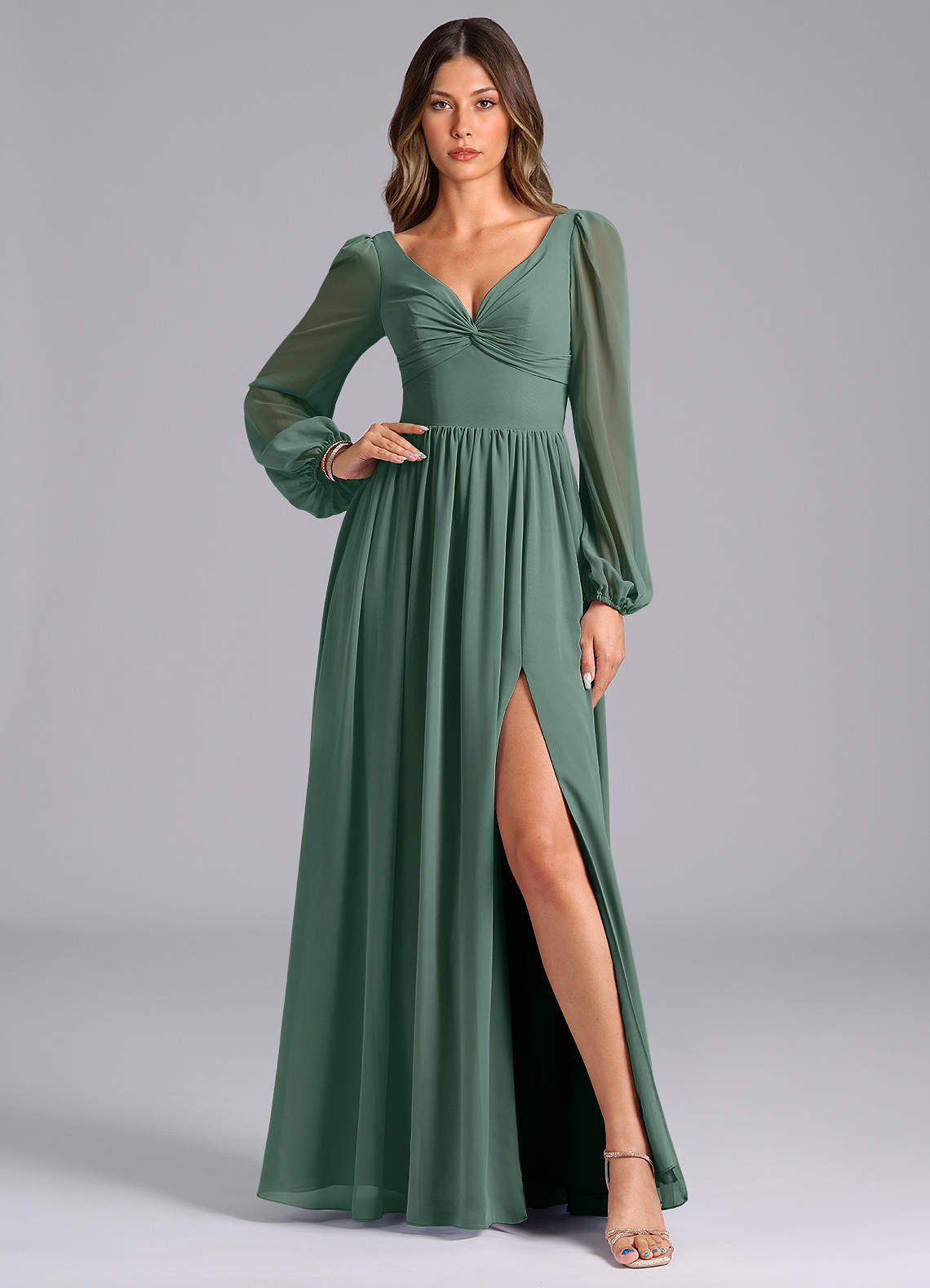 Azazie Zeya Brautjungfernkleider A-Linie Langarm Chiffon Kleid Seemoos image1