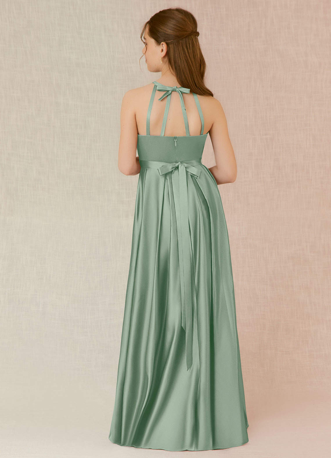 Azazie Arianthe Junior Agave A-Line with Pockets Stretch Satin Dress image1