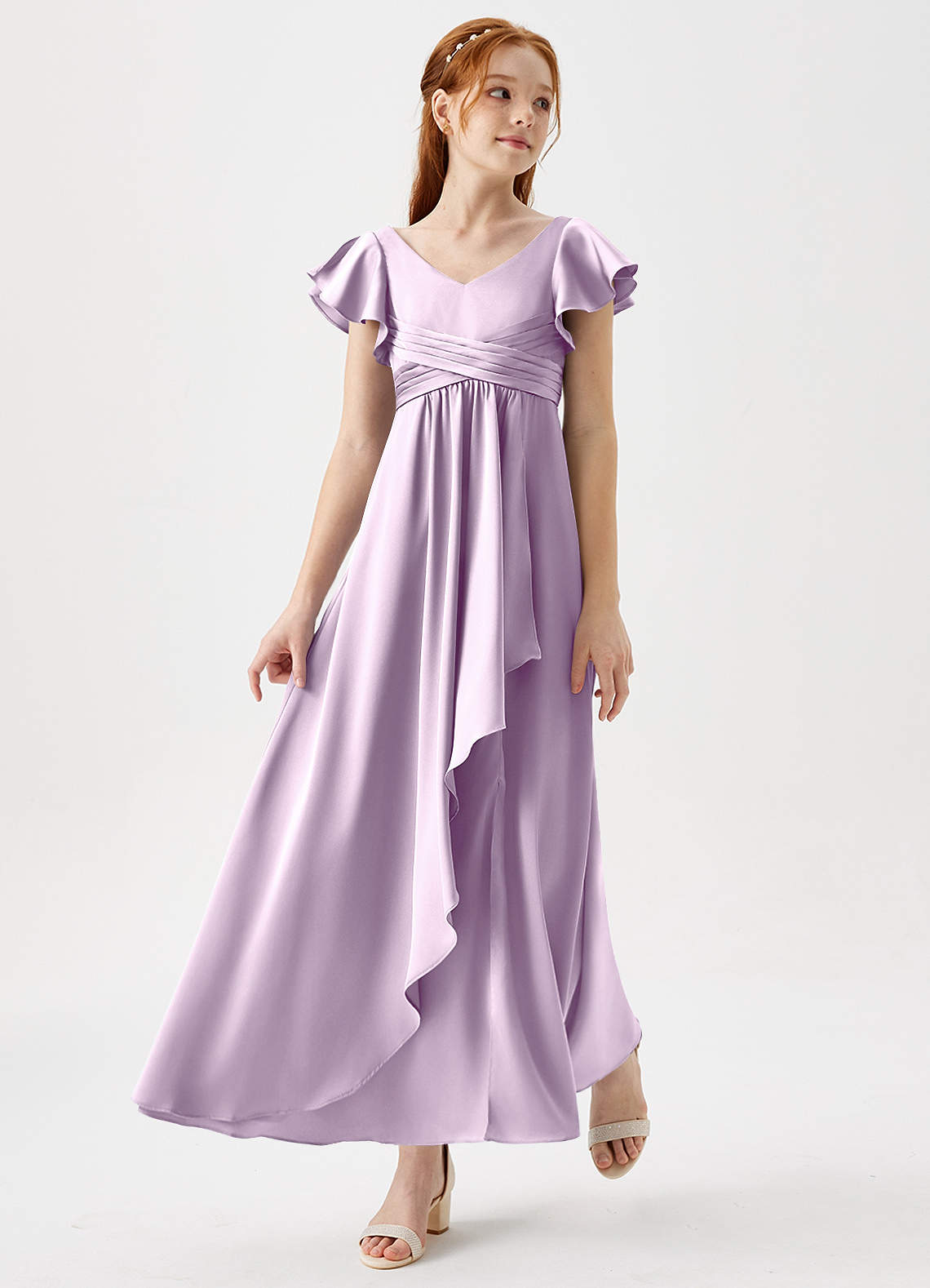 Azazie Omari Junior Frosted Lilac A-Line Pleated Stretch Satin Dress image1