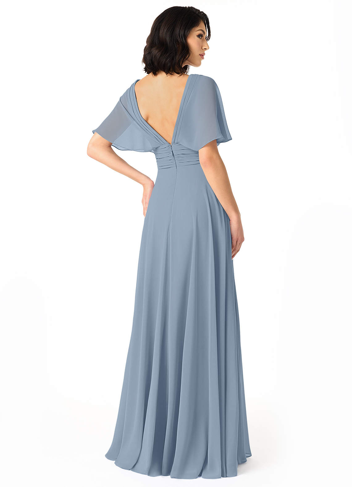 Azazie Pamela Bridesmaid Dresses Dusty Blue A-Line V-Neck Pleated Chiffon Dress image1