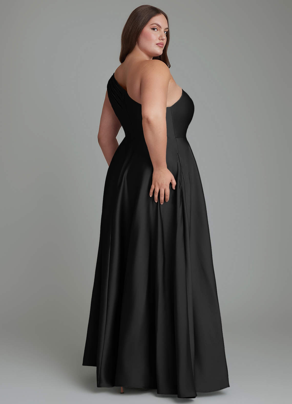 Azazie Melanie Bridesmaid Dresses Black A-Line Off the Shoulder Stretch Satin Dress image7