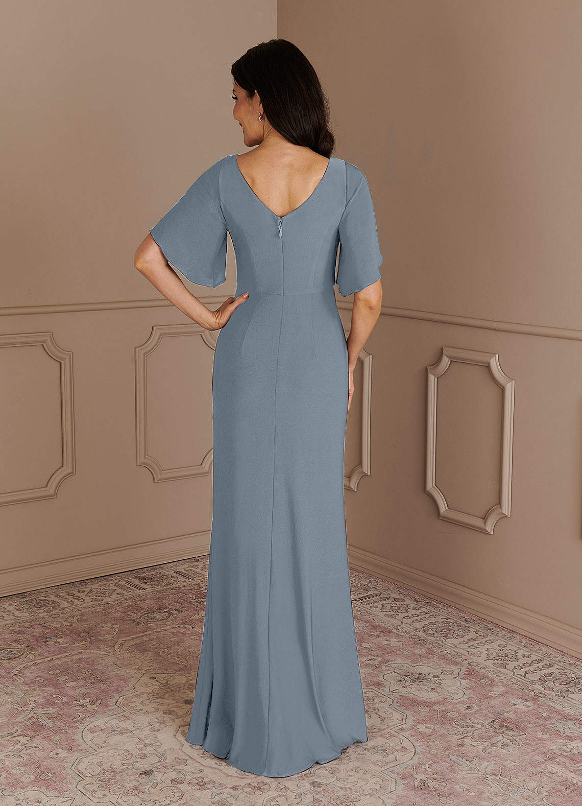 Azazie Louanne Dusty Blue Mermaid Boatneck Pleated Luxe Knit