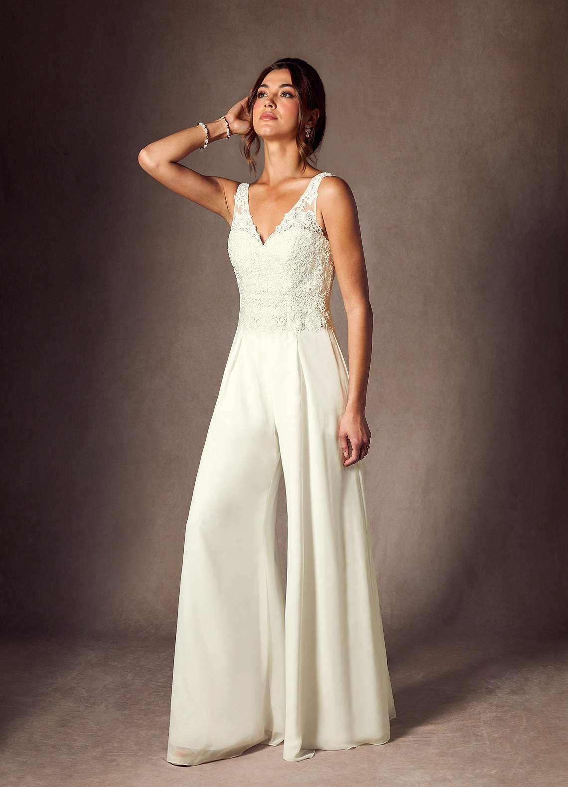 Azazie Florine Wedding Dresses Cream Pant Styles V-Neck Lace Chiffon Dress image3