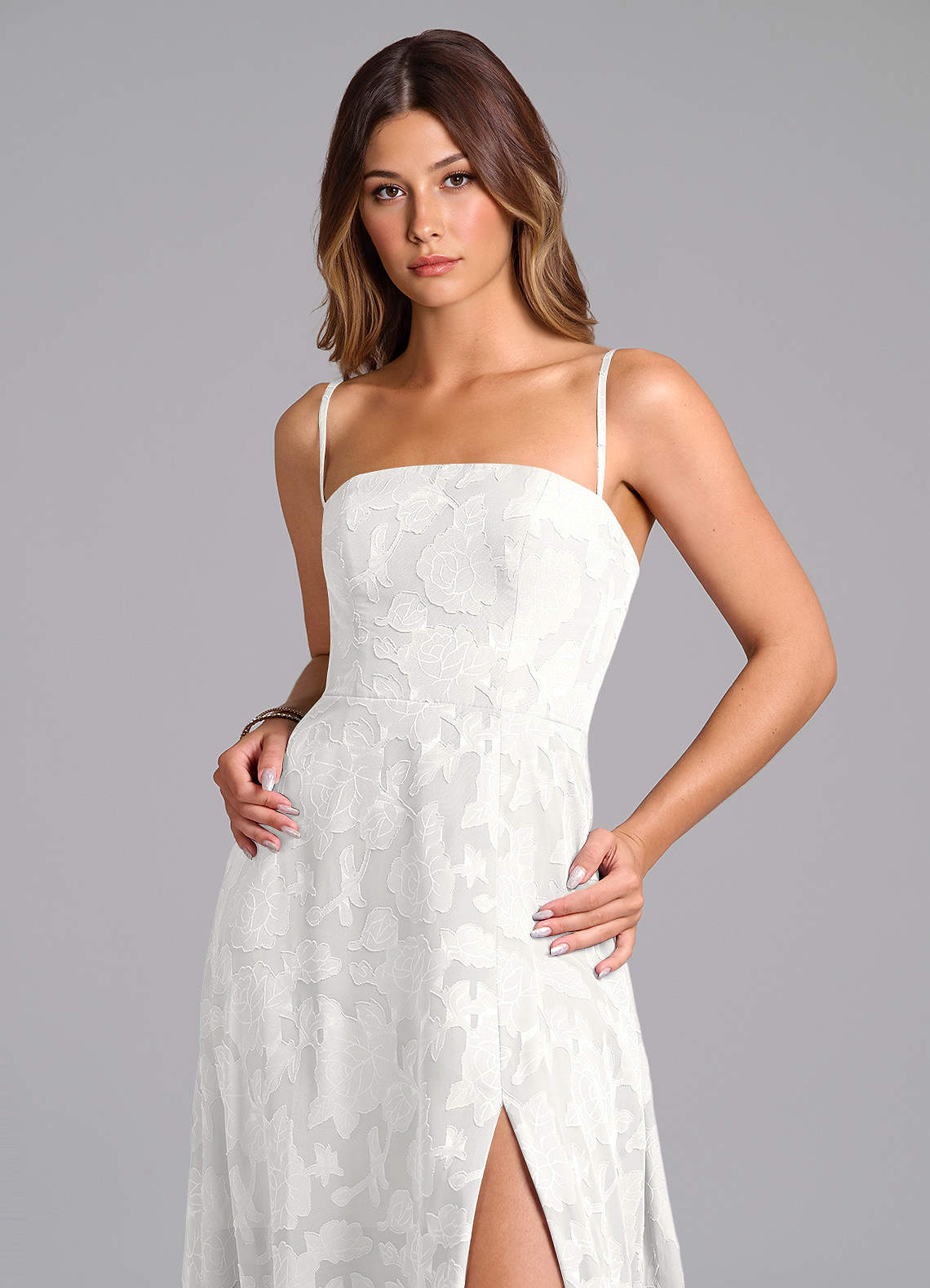 Azazie Wren Bridesmaid Dresses White A-Line Strapless Floral Burnout Dress image1