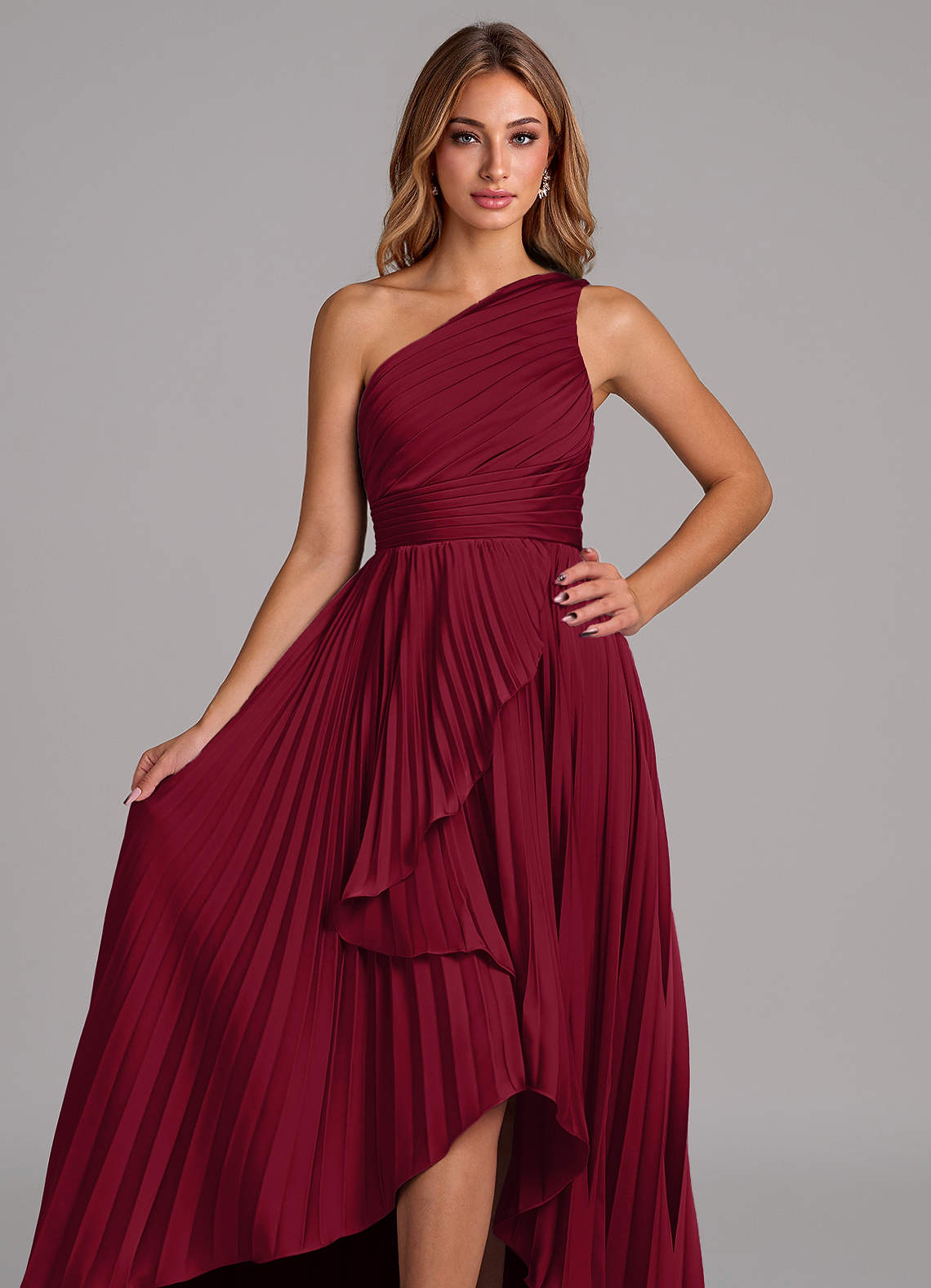 burgundy high low bridesmaid dresses High Low Short Sleeves Bridesmaid Dresses with Pockets main image 0