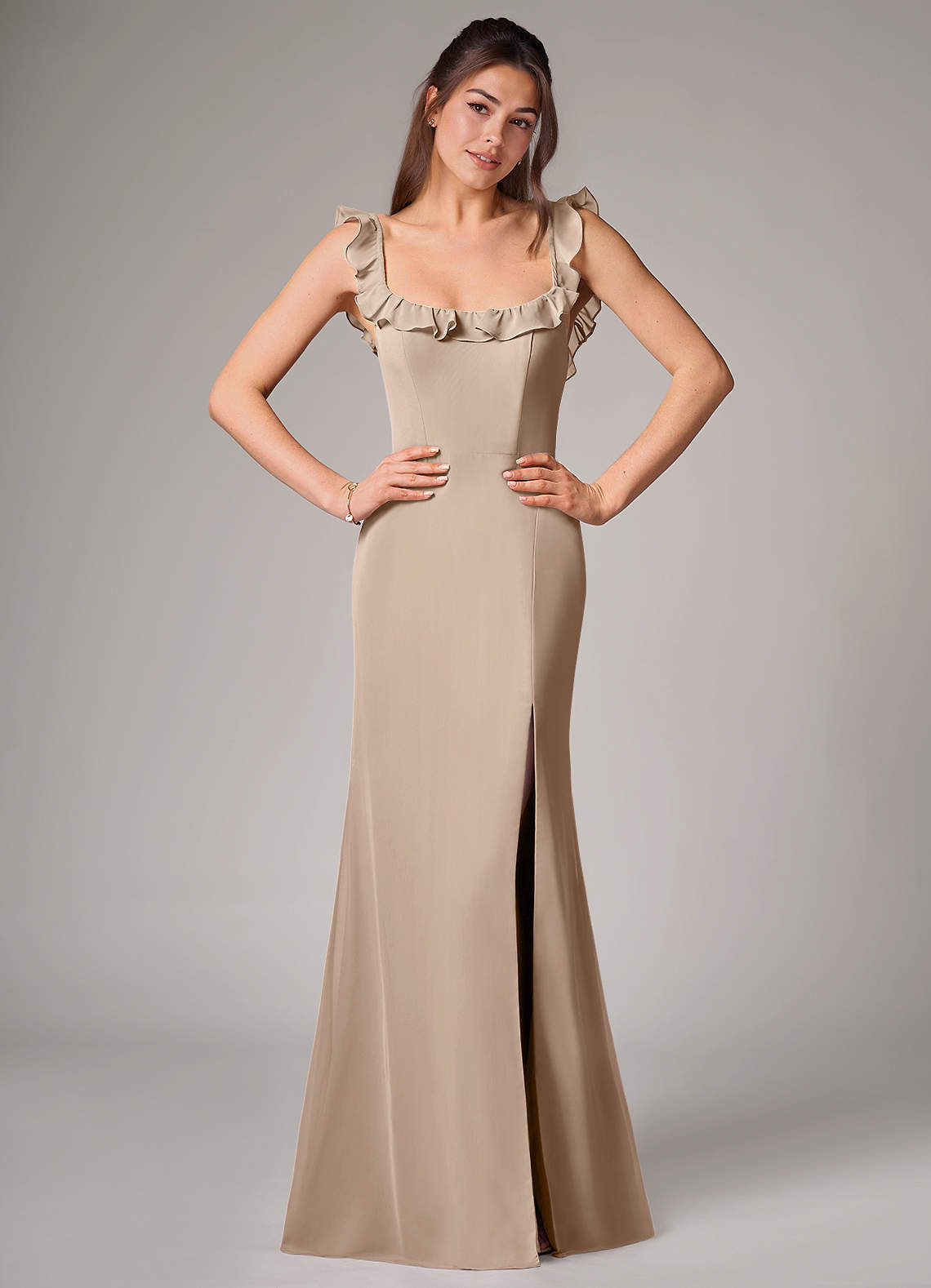Azazie Callie Bridesmaid Dresses Taupe Mermaid Side Slit Chiffon Convertible Dress image1