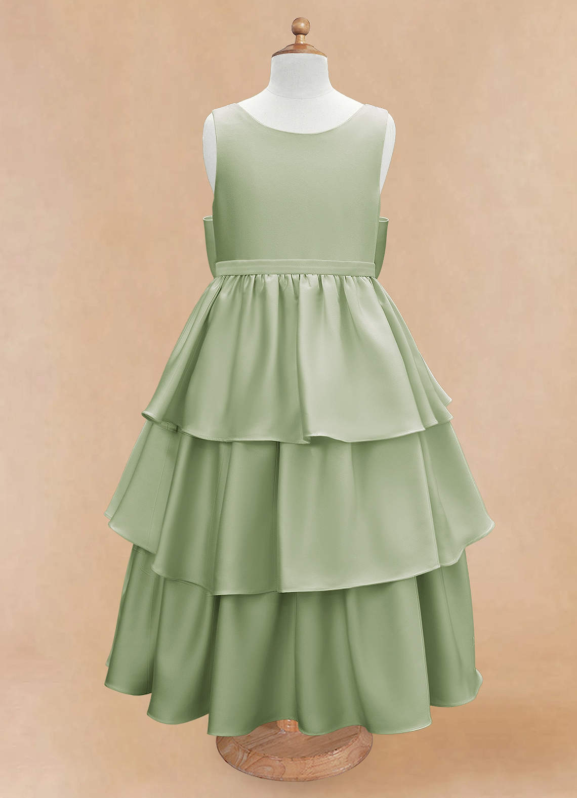 Azazie Margie Flower Girl Dresses Dusty Sage A-Line Bow Stretch Satin Dress image2