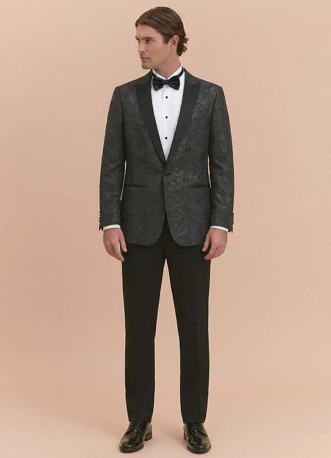 front Joseph Black Formal Jacquard Peak Lapel Tuxedo Jacket