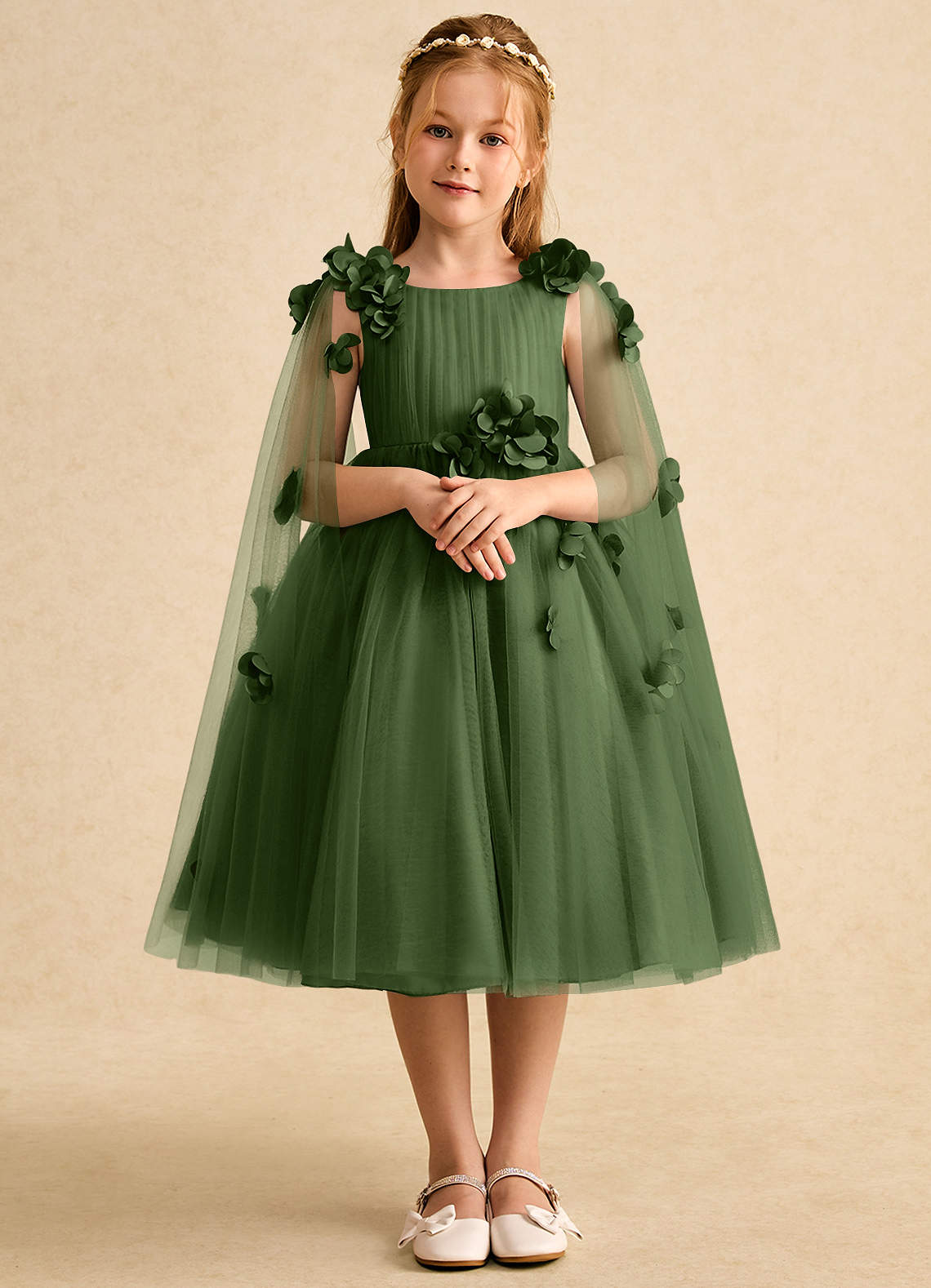Azazie Staria Abiti da Ragazza di Fiori Abito Principessa in Tulle Increspato Oliva image1