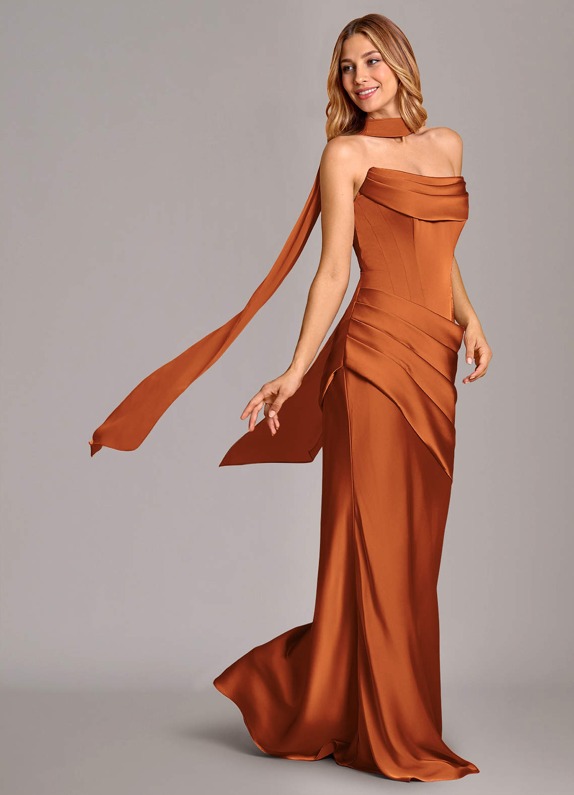 Azazie Pelagia Brudtärnklänningar Klä av Sjöjungfru i Stretch Satin Korsett Kanel Konvertibel image1