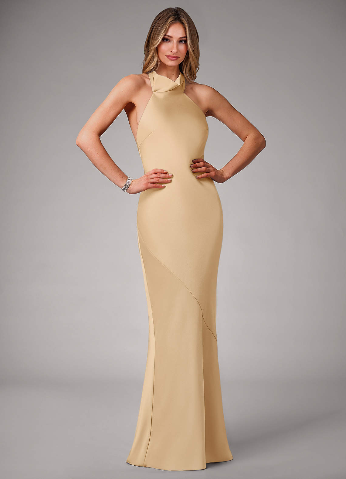 Azazie Velli Bridesmaid Dresses Gold Mermaid Stretch Satin Dress image1