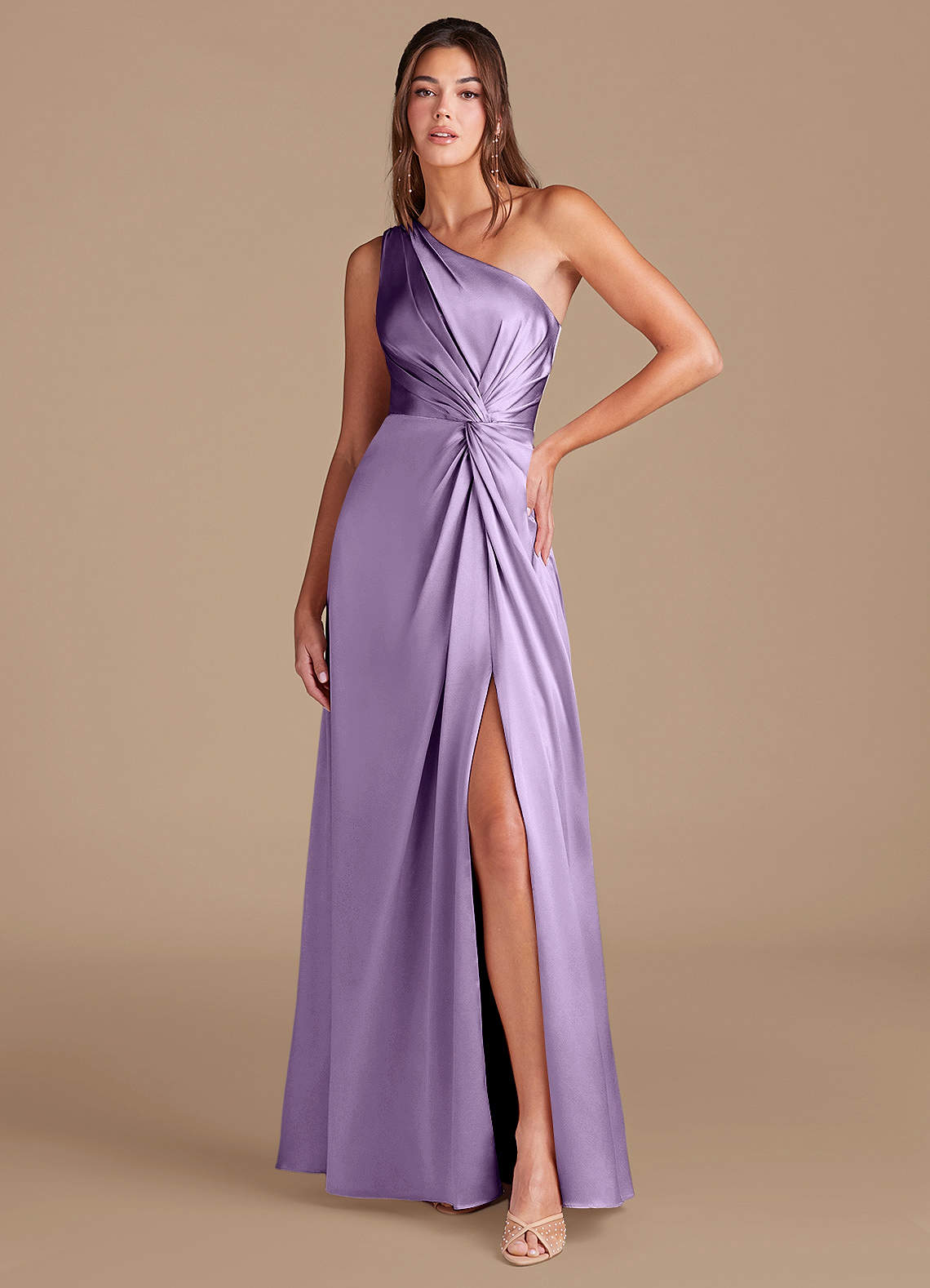 Azazie Brooke Bridesmaid Dresses Lilac A-Line One Shoulder Metallic Satin Dress image1