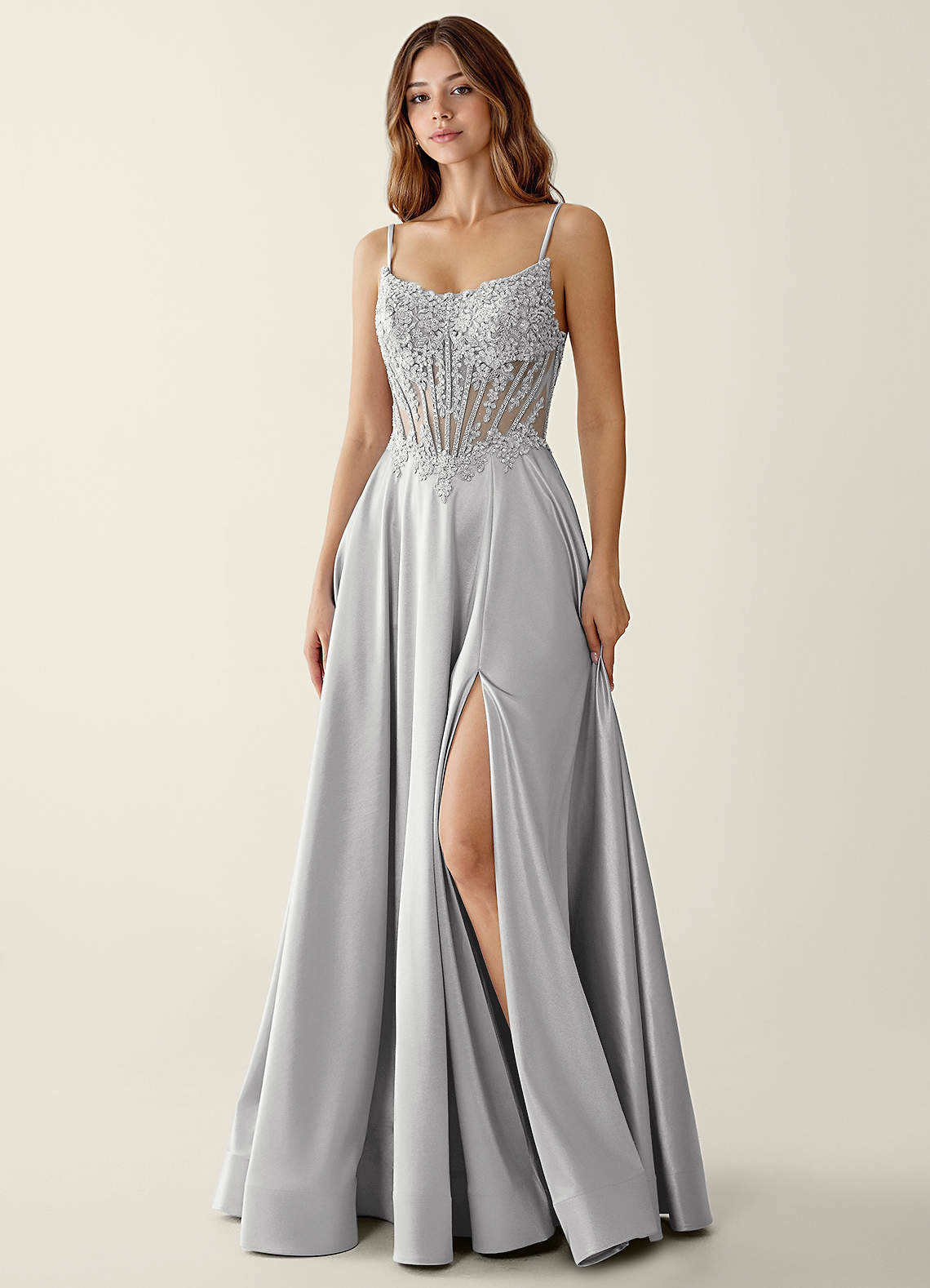 gray empire waist formal dress Plus Size Chiffon and Lace Empire Waist Gown