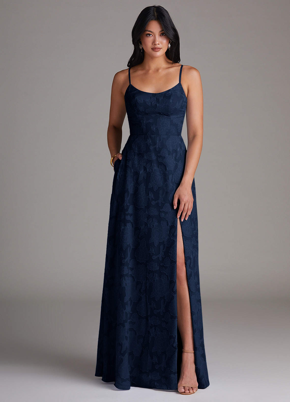 Azazie Moira Bridesmaid Dresses Dark Navy A-Line Side Slit Floral Burnout Dress image1
