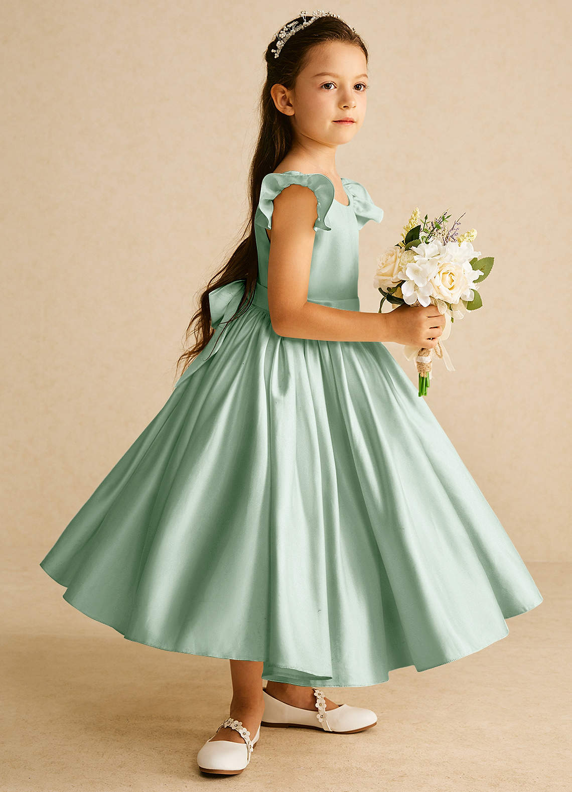 Azazie Violeta Flower Girl Dresses Agave Ball-Gown Bow Matte Satin Dress image3