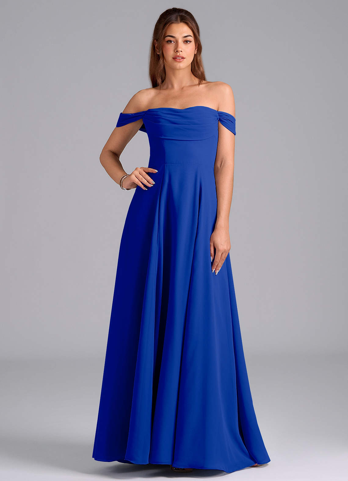 Azazie Almina Bridesmaid Dresses Royal Blue A-Line Off the Shoulder Chiffon Convertible Dress image1