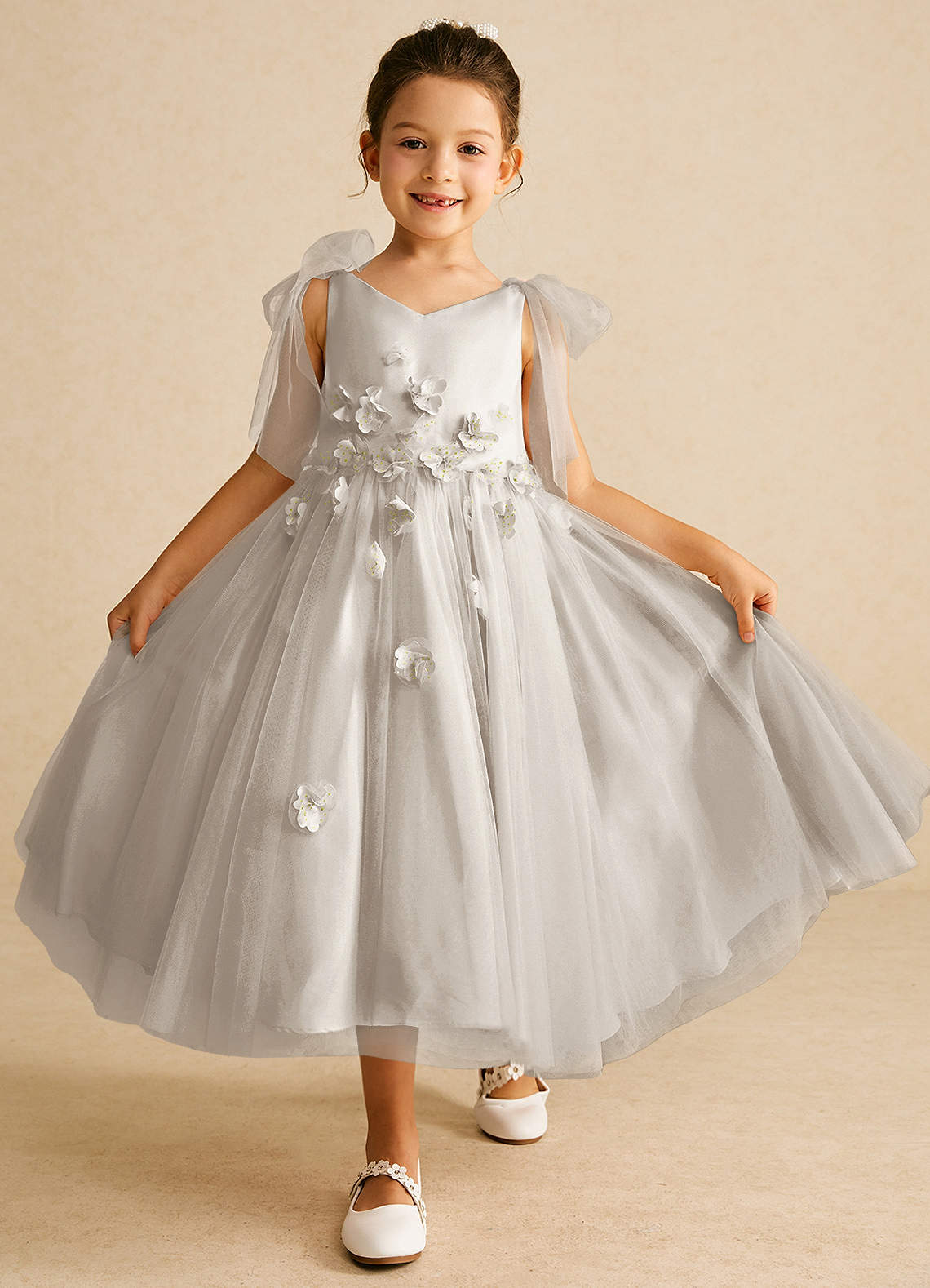 Azazie Minia Flower Girl Klänningar Klänning A-Linje i Matt satäng Rosett image1