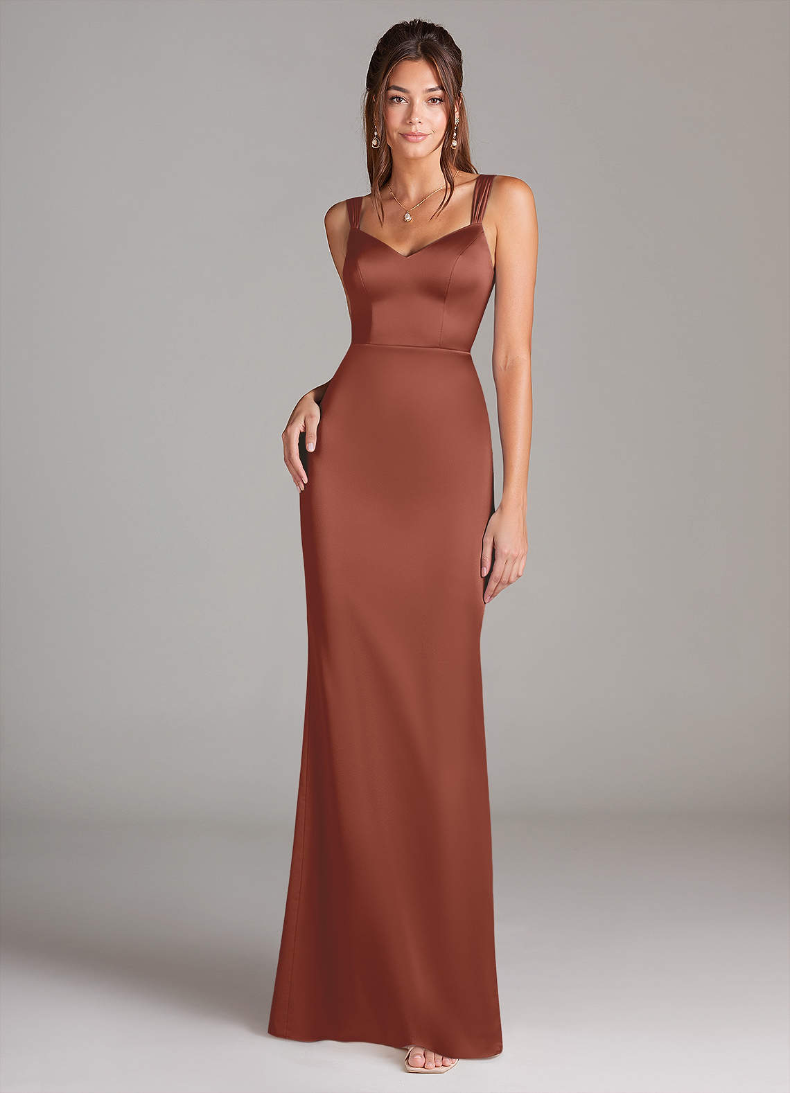 Azazie Denice Bridesmaid Dresses Auburn Sheath Pleated Stretch Satin Dress image2