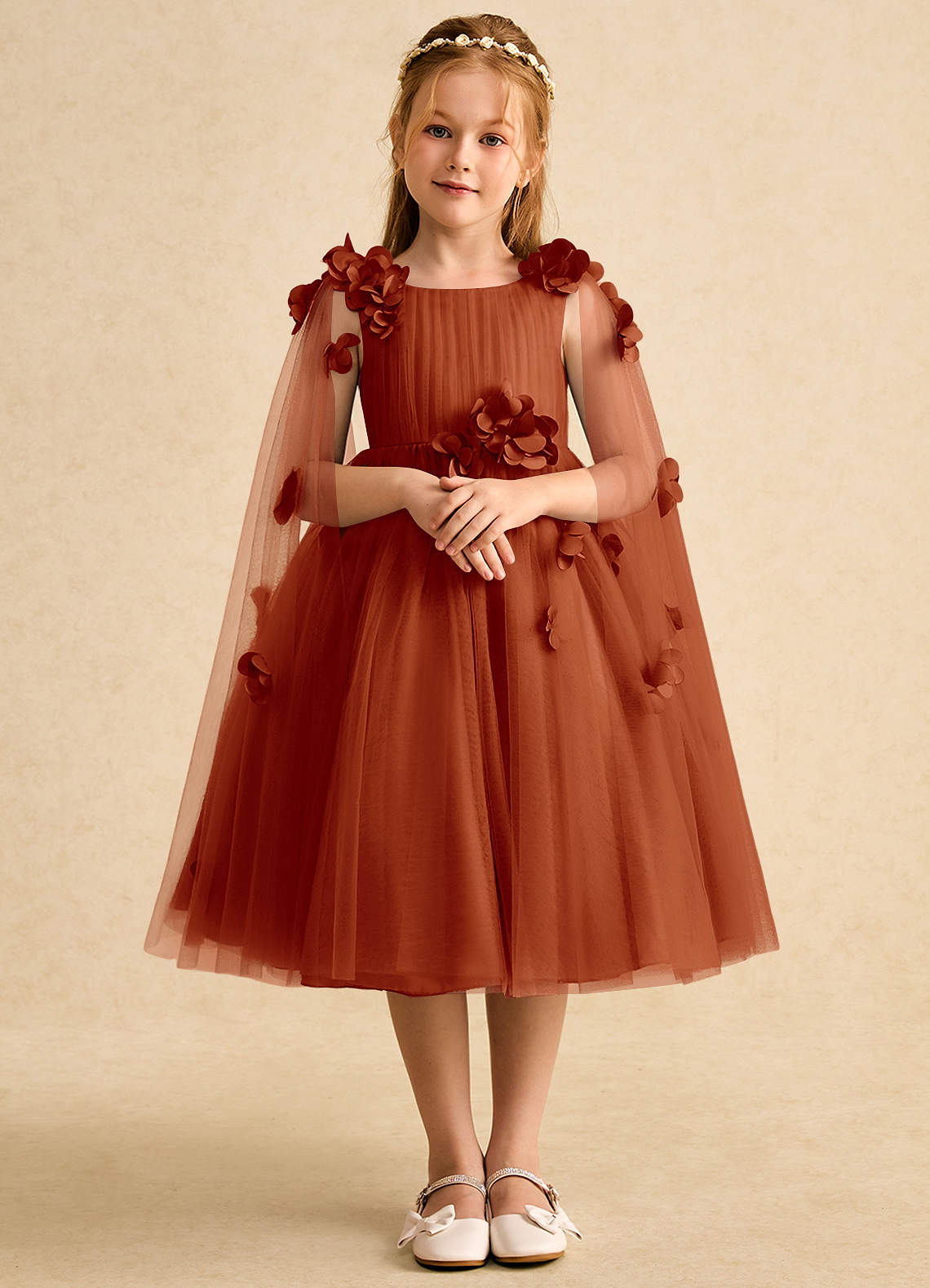 Azazie Staria Flower Girl Dresses Paprika Ball-Gown Ruched Tulle Dress image1