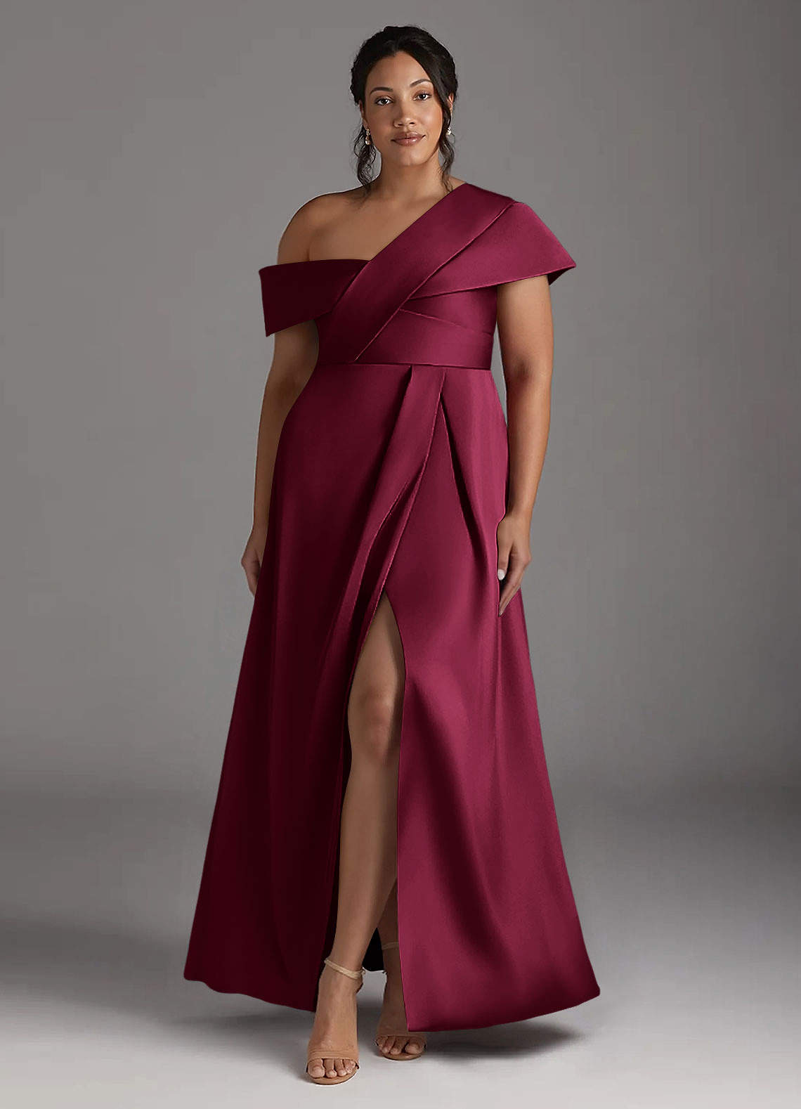 Azazie Milton vestidos de madre de la novia Vestido Borgoña de Satén Elástico de Corte en A con Plisado image1