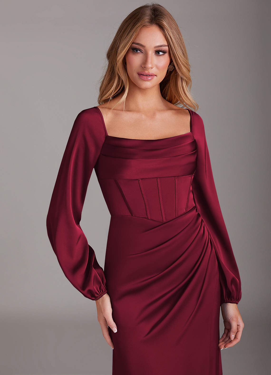 Azazie Charissa Bridesmaid Dresses Burgundy Sheath Long Sleeve Stretch Satin Dress image6