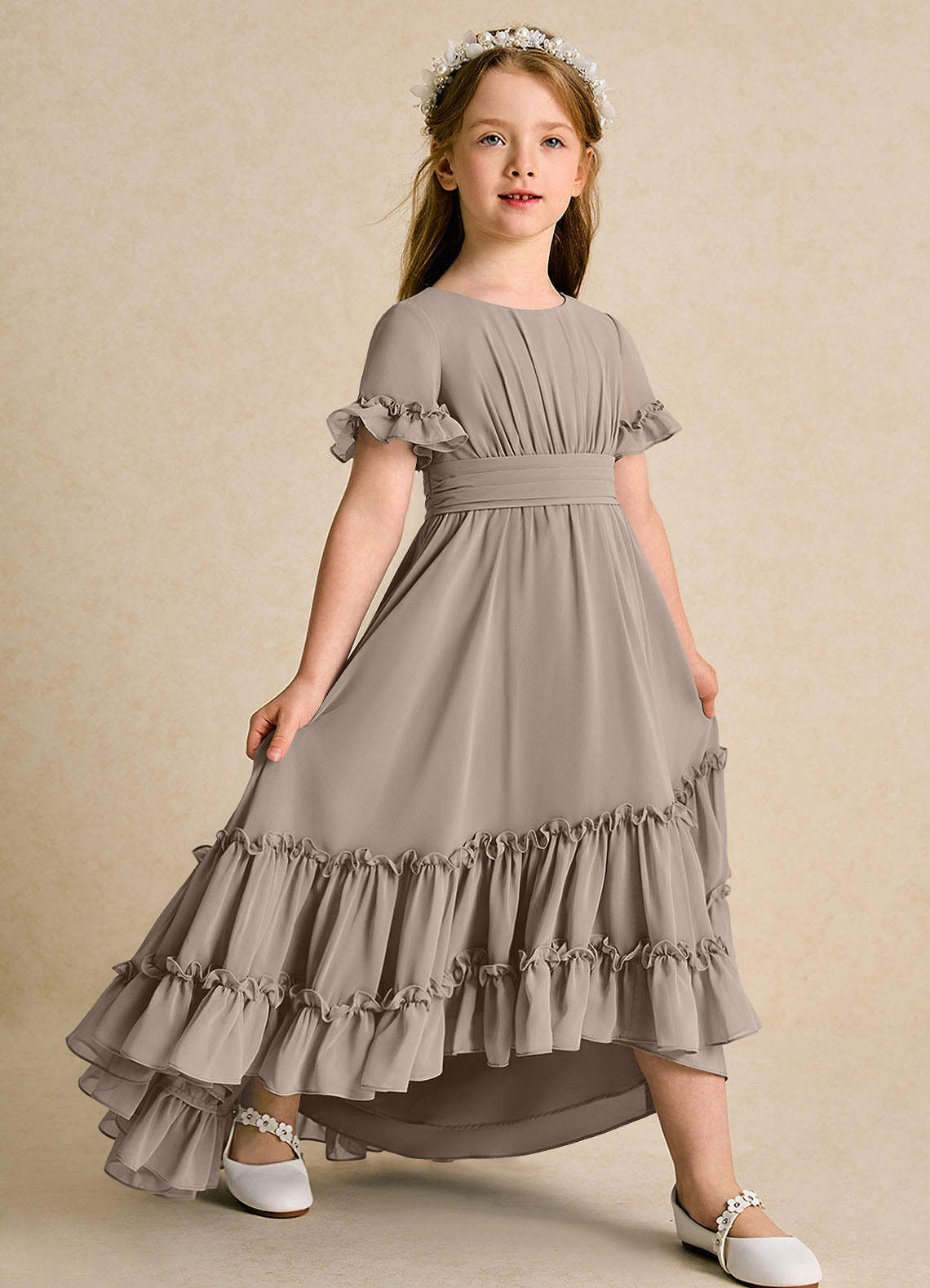 Azazie Kass Flower Girl Dresses Taupe A-Line Pleated Chiffon Dress image1