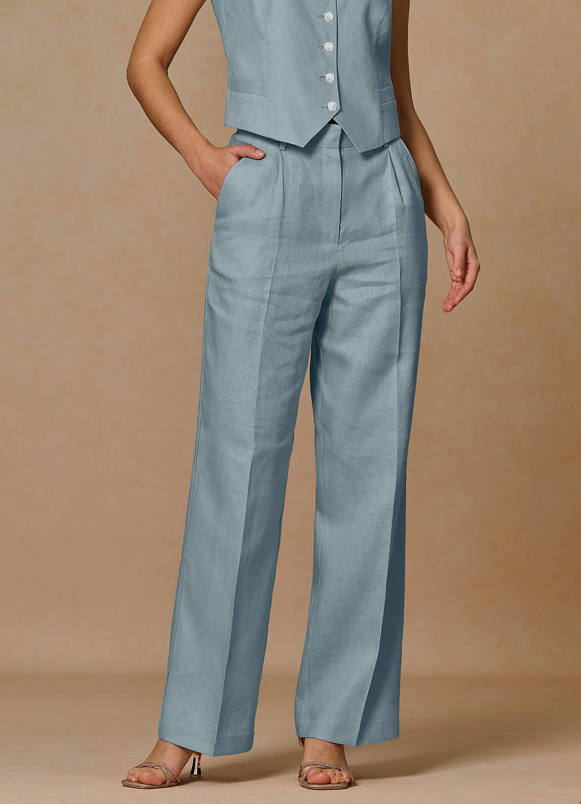 front Belicia Dusty Blue 100% Linen Pants