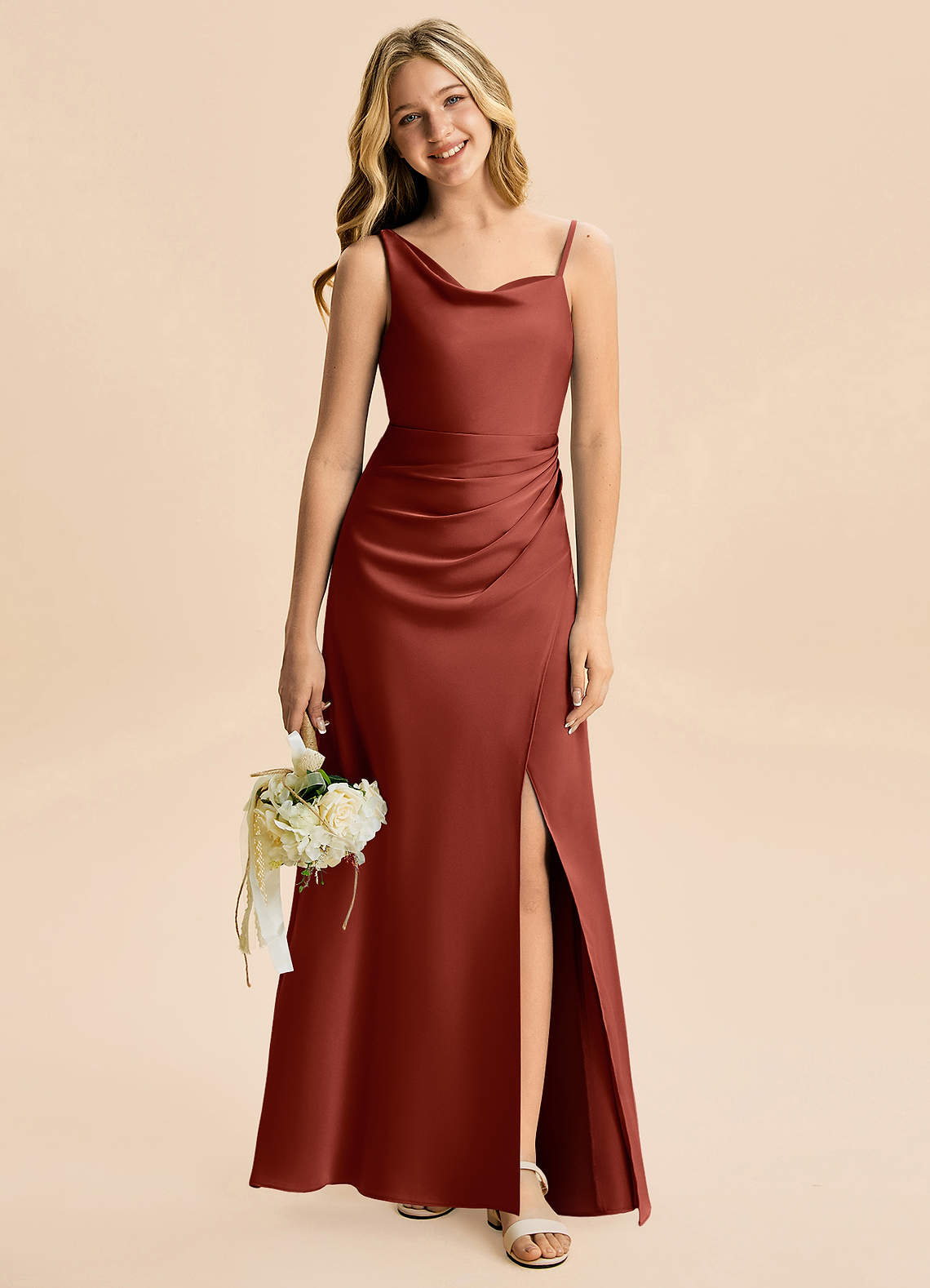 terracotta satin dress KissProm Sheath Square Neck Ruched Bridesmaid in Terracotta, / 14 catching knotted halter neckline pairs perfectly with the universally flattering A Penelope Backless Satin Gown 